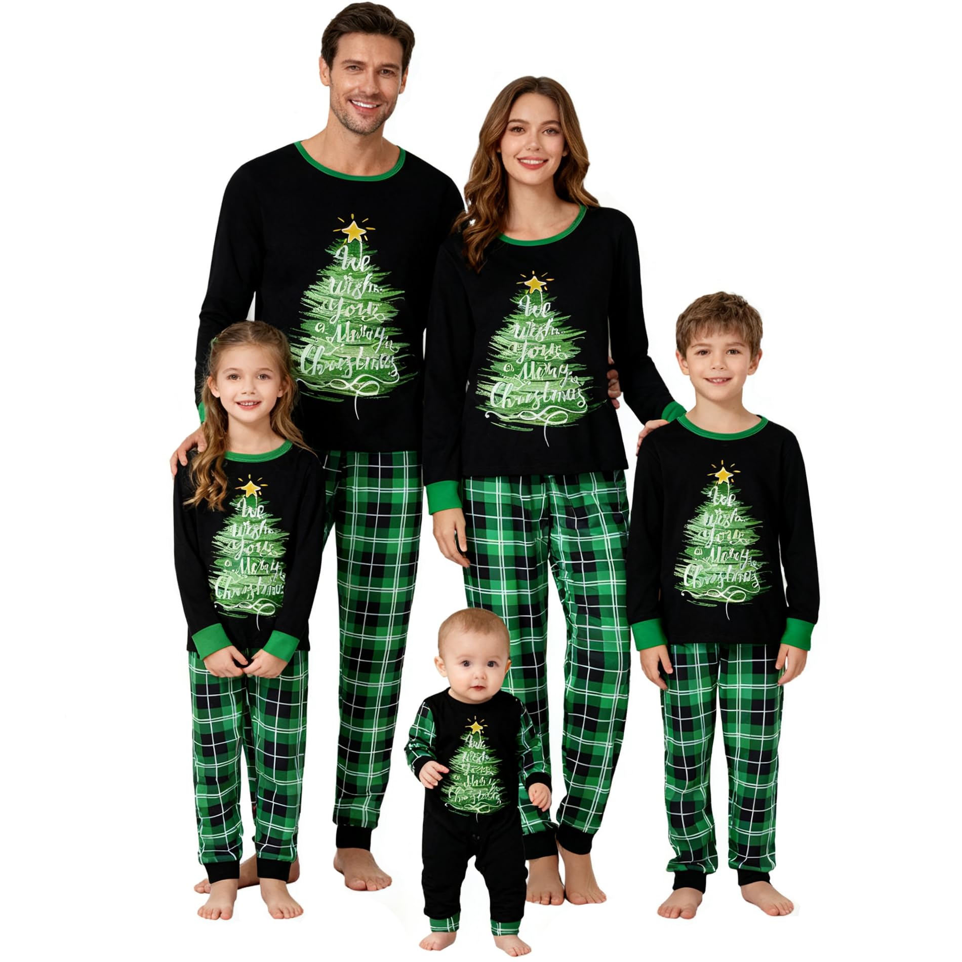 Awoscut Christmas Family Matching Pajamas Sets Christmas PJ's Letter Print Top and Plaid Pants Jammies Sleepwear