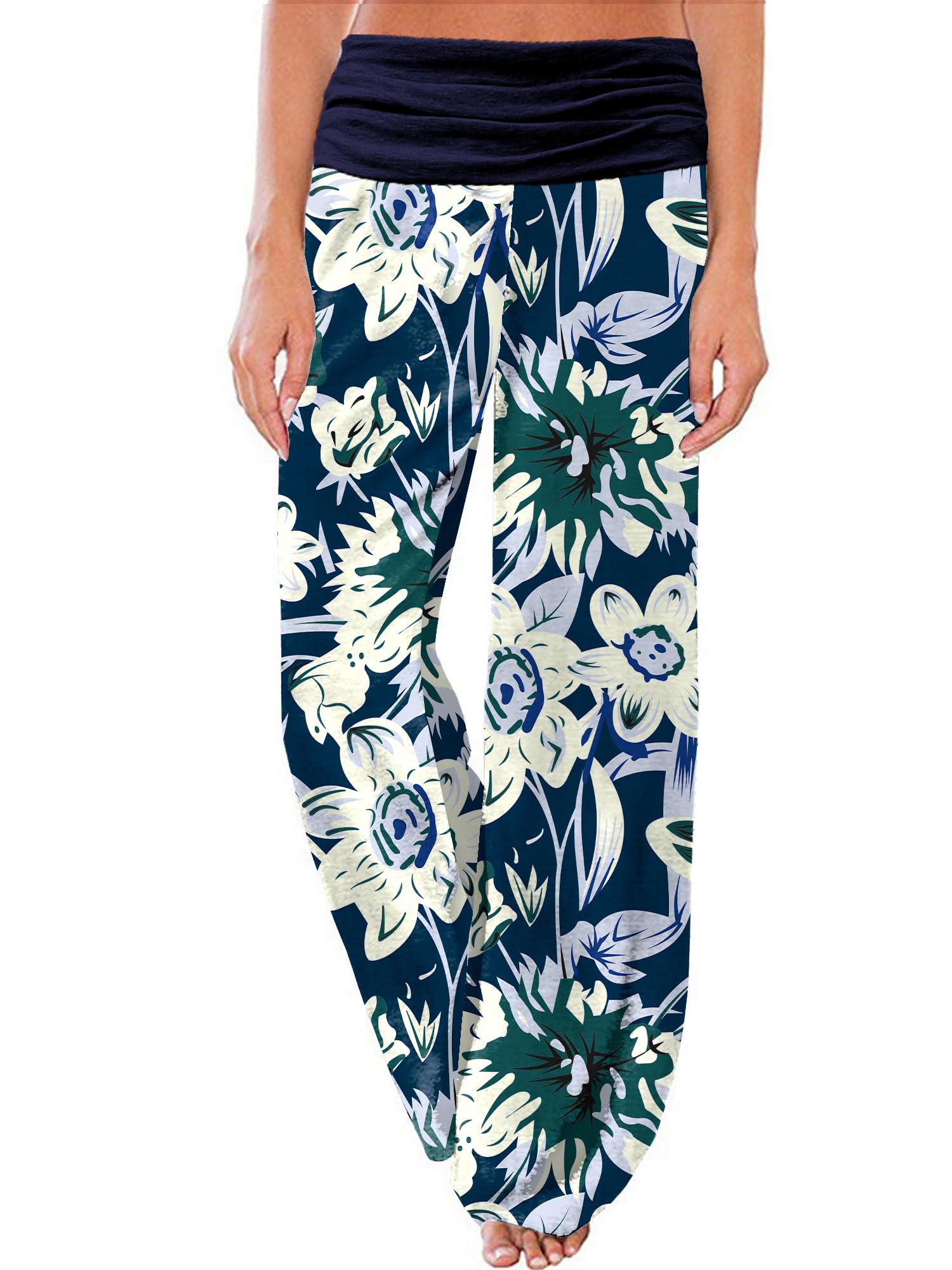 Gracyoga Women's Comfy Pajama Pants Wide Leg Lounge Palazzo Yoga Pants Stretch Casual Floral Print Fold Waist Pants
