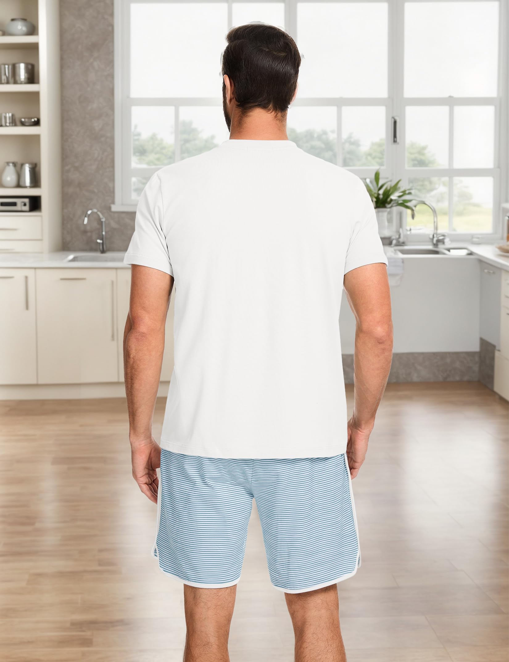 Mens Cotton Pajamas Set Stripe 2 Piece Lounge Set Pjs Summer Short Sleeve and Shorts Comfy Loungewear with Pockets WEBE CLOTHING