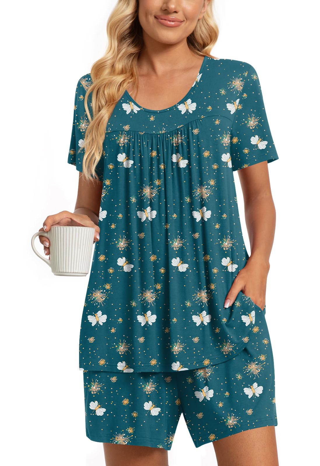 TAOHUADAO 2 Piece Women's Short Sleeve Pajama Sets, Lounge Sleepwear Ladies Pjs Sets with Pockets