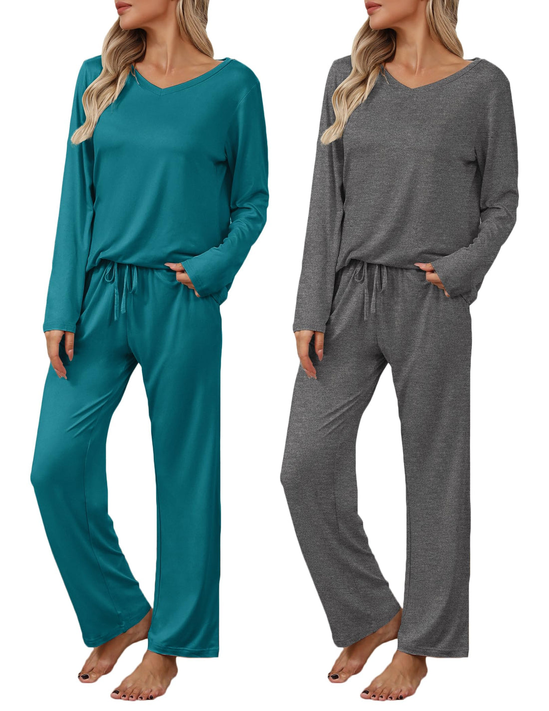 Ekouaer Womens 2 Pack Pajama Set Long Sleeve Pajamas Top and Pants V Neck Pjs Set Soft Loungewear with Pockets