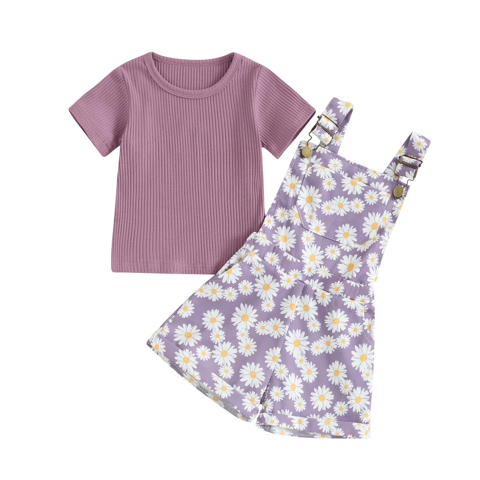Toddler Baby Girls Summer Outfits T-Shirt Overalls Shorts Set | Short Sleeve Ribbed Shirt, Flower/Apple/Strawberry/Camo/Star/Bee Suspender Overalls, Kid 2Pcs Clothing, Spring Clothes 12M-5Y WEBE CLOTHING