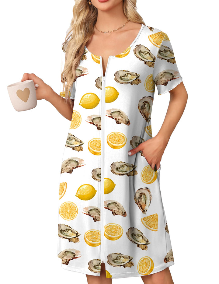 Ekouaer Womens' Zipper Robe Short Sleeve Bathrobes Summer Sleepwear Soft Housecoat with Pockets Zip Up House Robes S-3XL