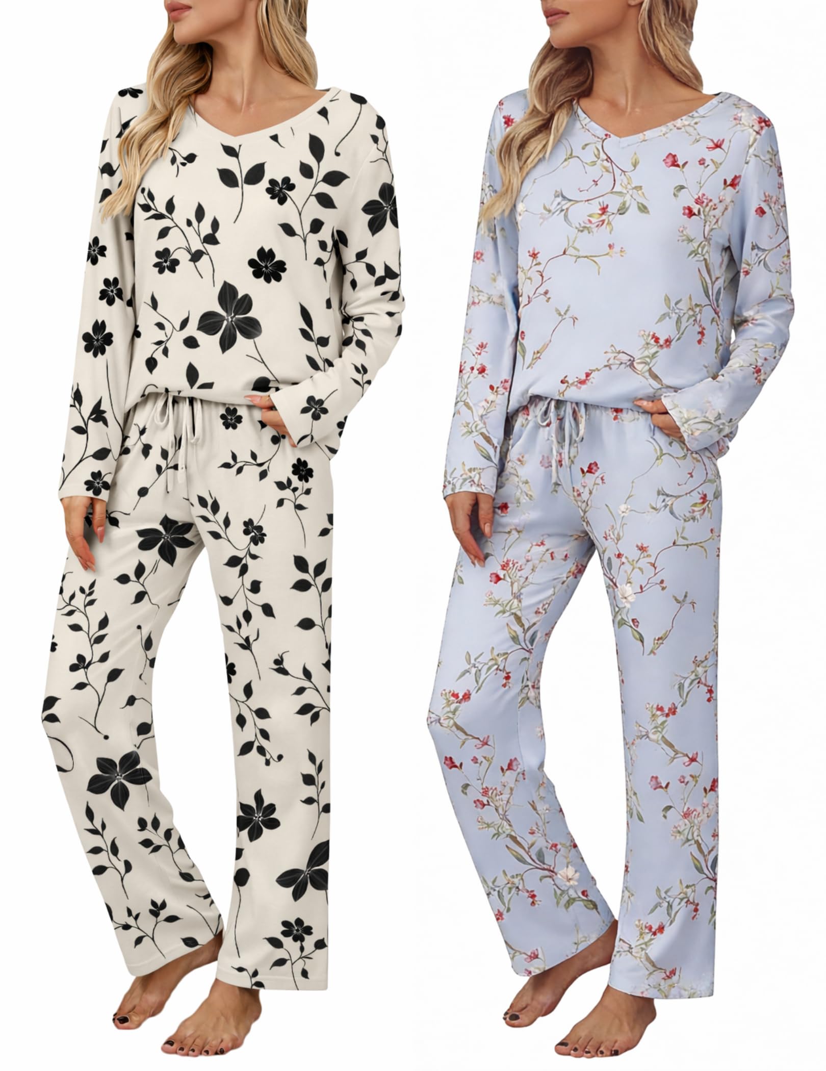 Ekouaer Womens 2 Pack Pajama Set Long Sleeve Pajamas Top and Pants V Neck Pjs Set Soft Loungewear with Pockets