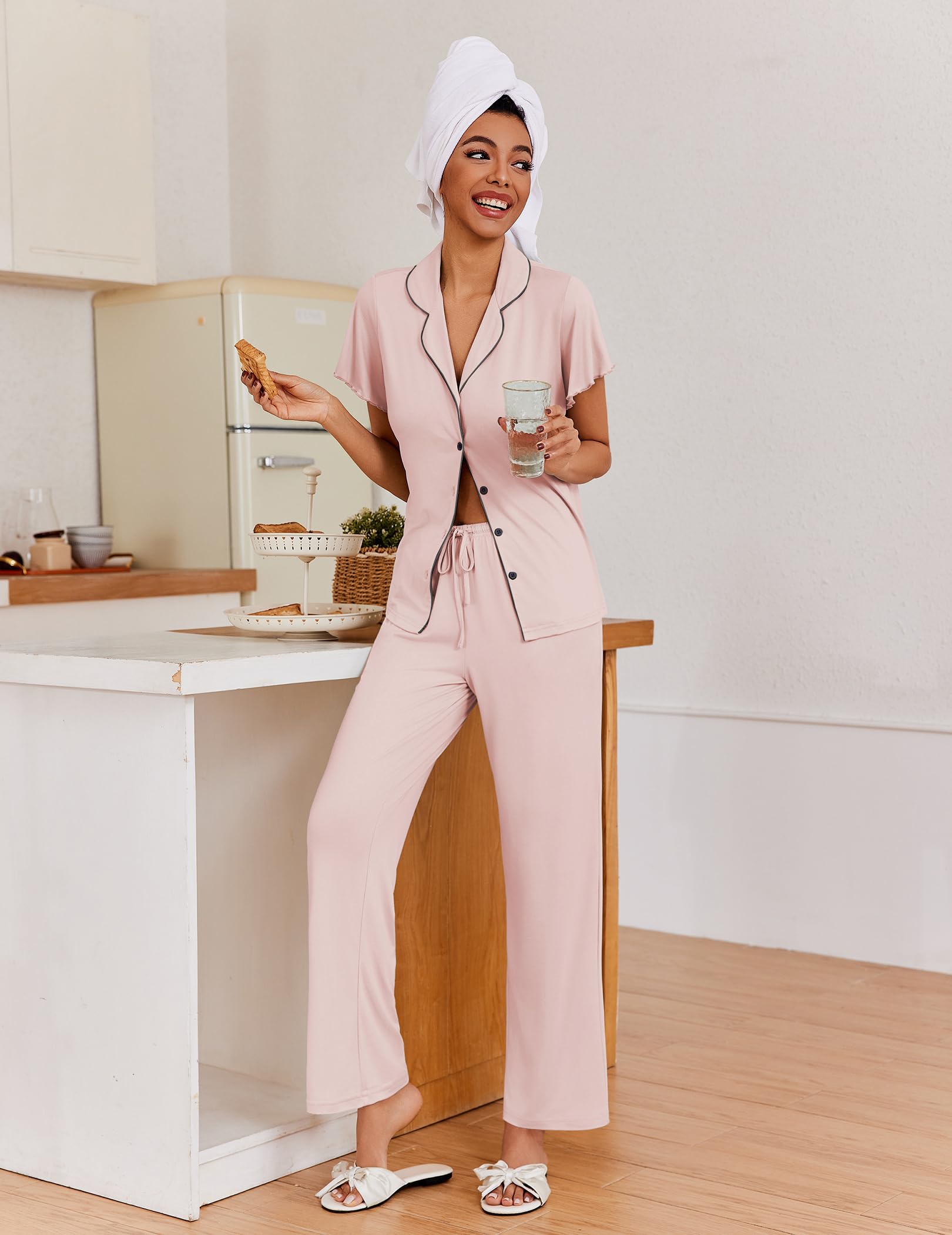 Ekouaer Pajamas for Women Set Button Up Sleepwear Cute Pjs Ruffle Sleeve Notch Collar Loungewear with Long Pants S-XXL