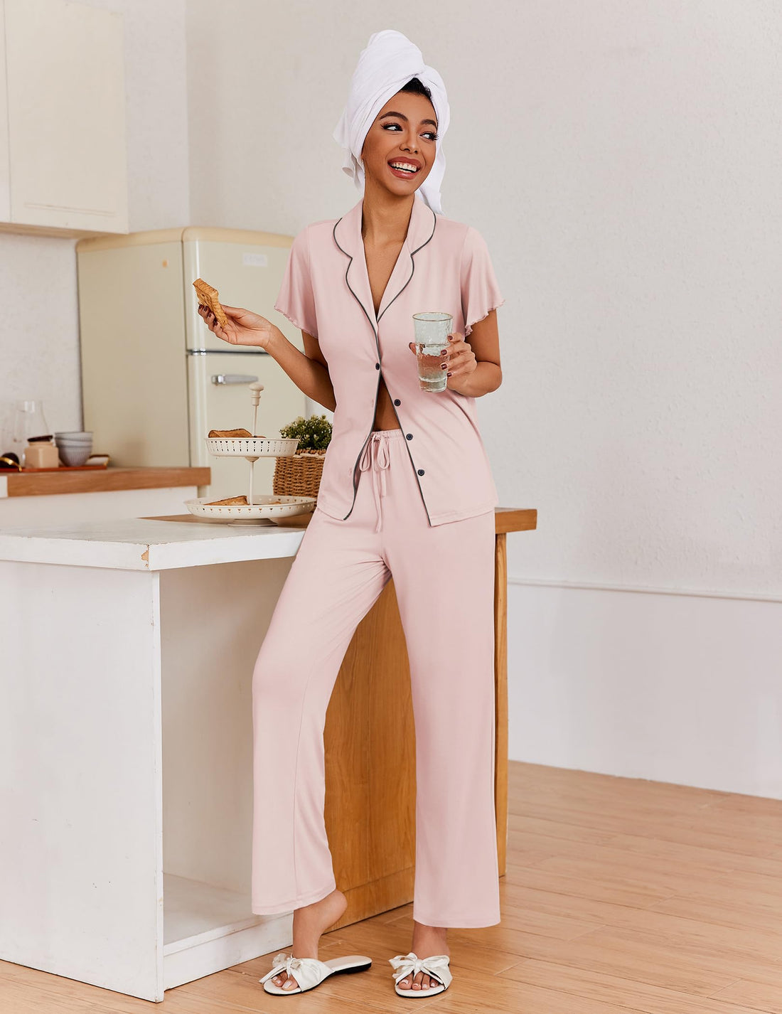 Ekouaer Pajamas for Women Set Button Up Sleepwear Cute Pjs Ruffle Sleeve Notch Collar Loungewear with Long Pants S-XXL