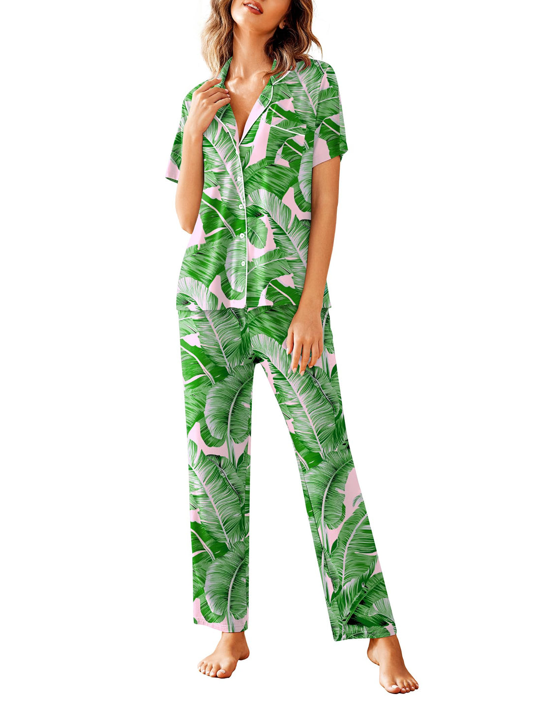 Avidlove Women Pajamas Set Notch Collar Soft Sleepwear Pjs Short Sleeve Button Down Nightwear with Long Pants WEBE CLOTHING