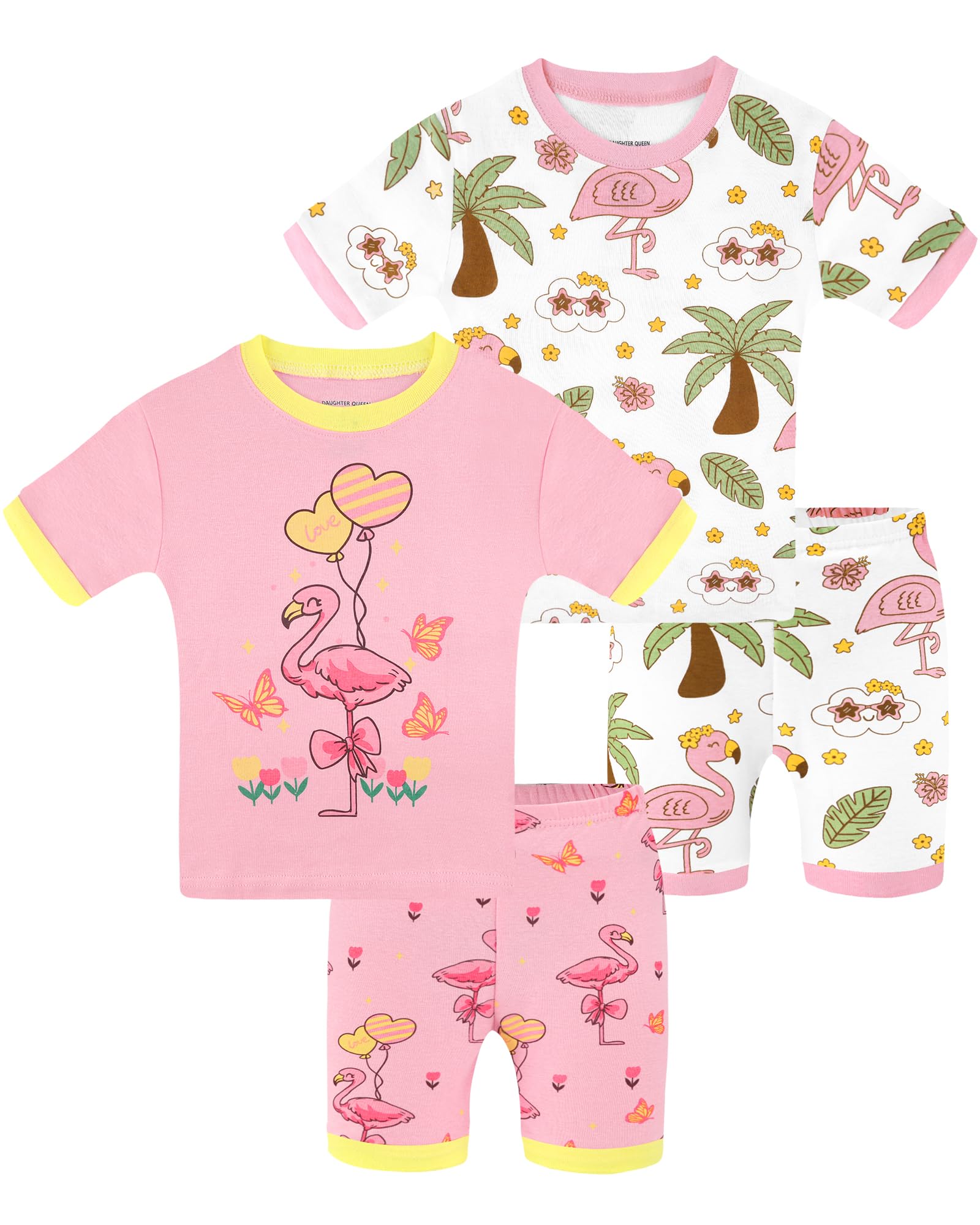 DAUGHTER QUEEN Girls Summer Pajamas Set 4 Pieces 100% Cotton Sleepwear Size 18 Months-12 Years