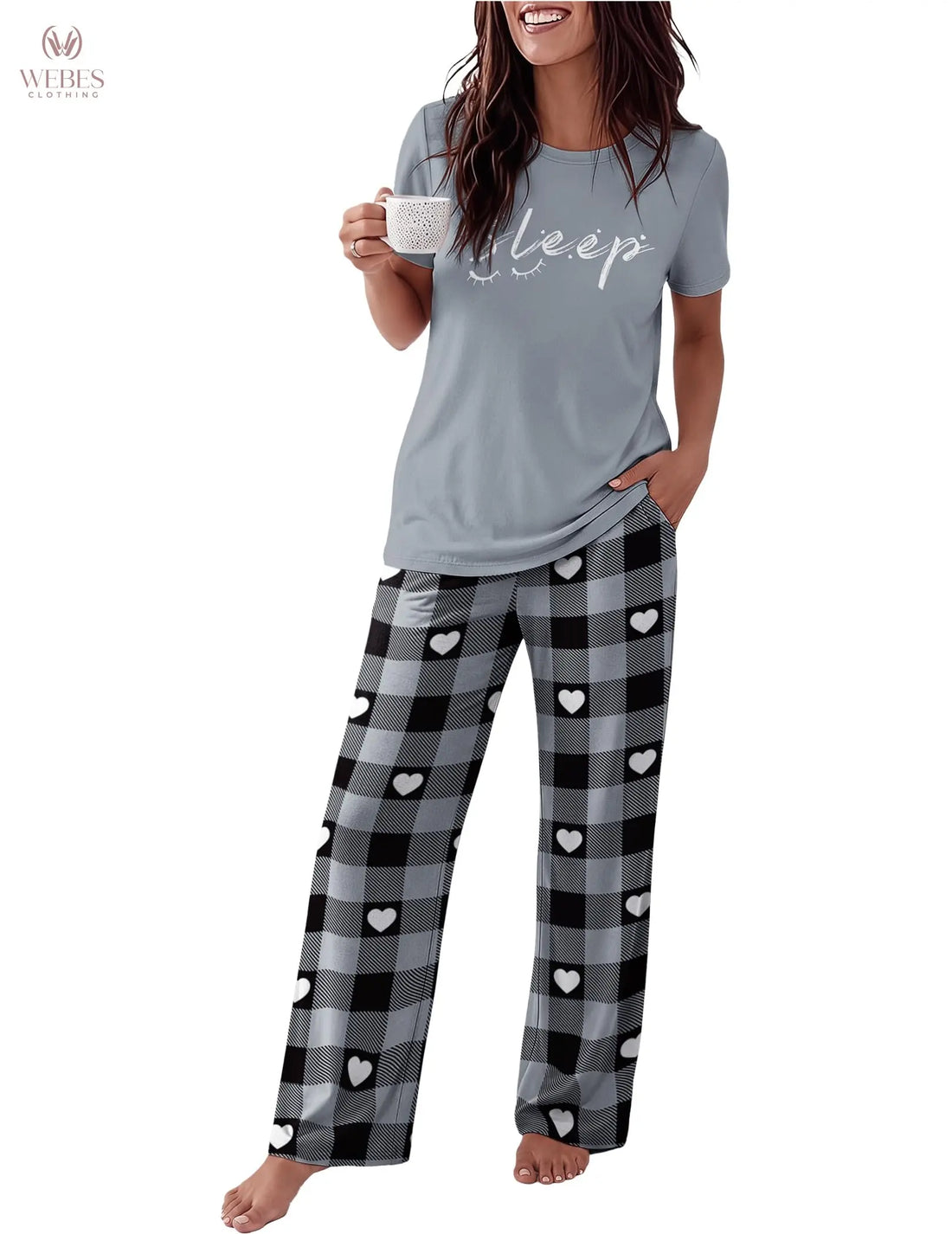 Ekouaer Pajama Set for Women 2 Piece Pjs Short Sleeve Top and Printed Pants | Womens Round Neck Lounge Sets Short Sleeve Sleepwear with Loose Pants for Daily Wear, Home Lounging, Casual Errands WEBE CLOTHING