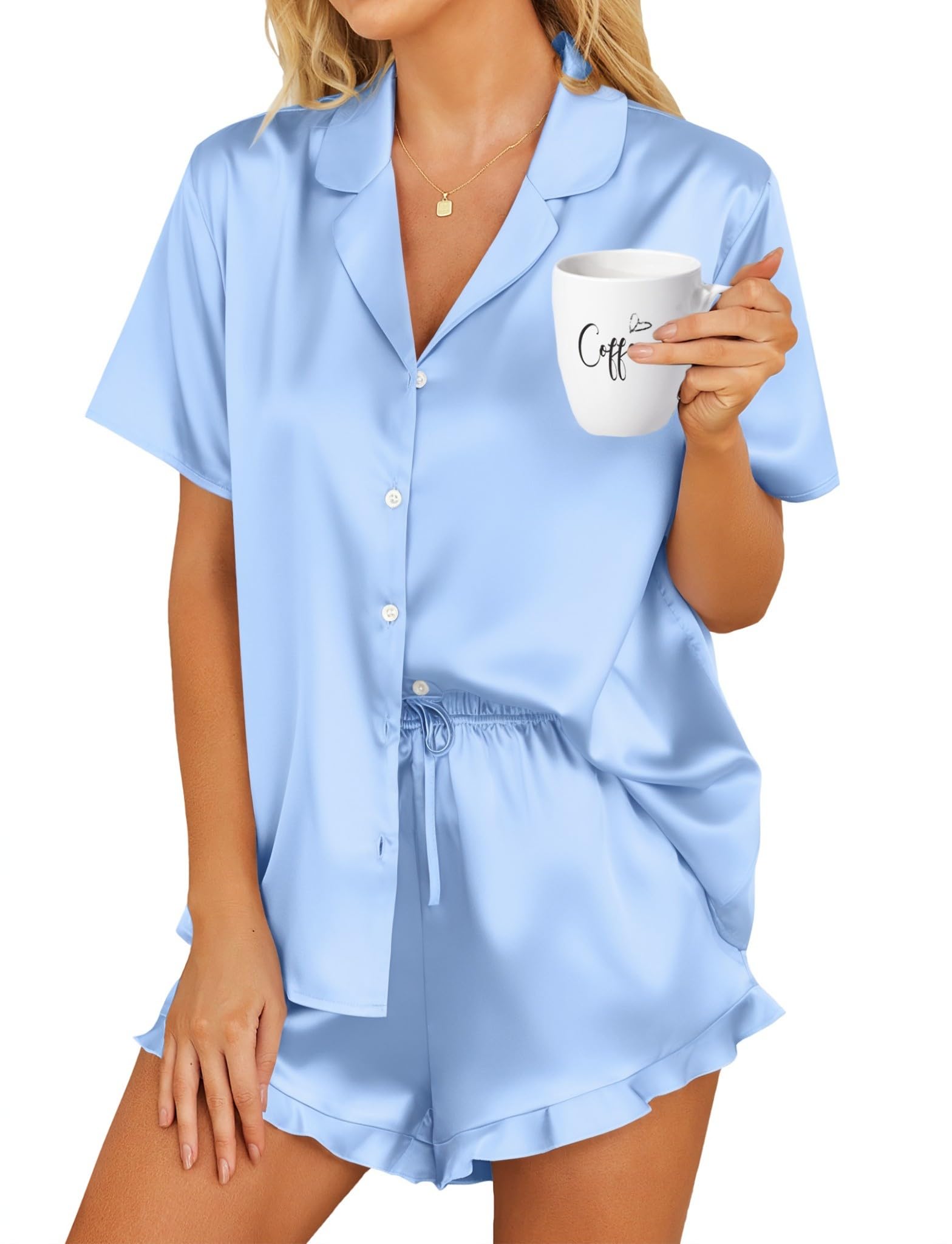 HOTOUCH Womens Satin Pajamas Set Button Down 2 Piece Silk Pjs Shorts Set Ruffle Lingerie Notch Collar Sleepwear