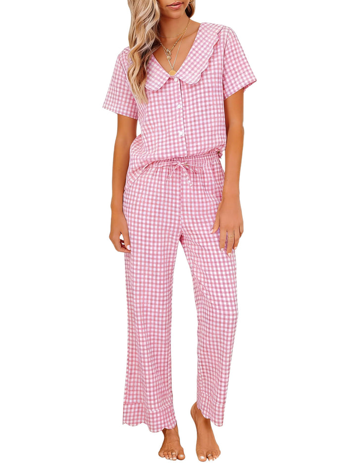 Tanming Womens Gingham 2 Piece Pajamas Sets Puff Sleeve Babydoll Shirt Ruffle Pants Pj Lounge Set Sleepwear