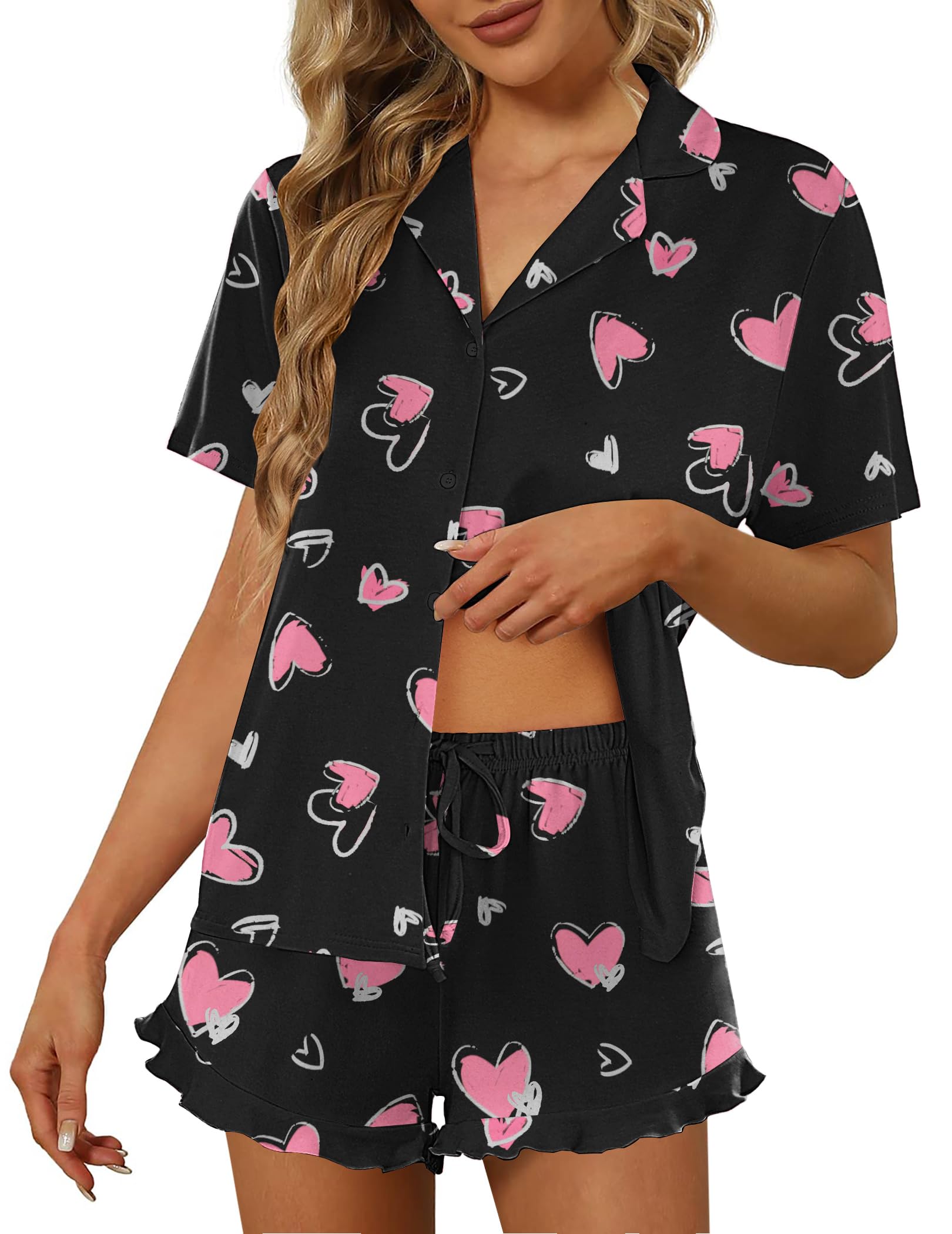 Ekouaer Pajamas Set for Women Short Sleeve Sleepwear Button Down Pjs Lounge Sets Soft Nightwear