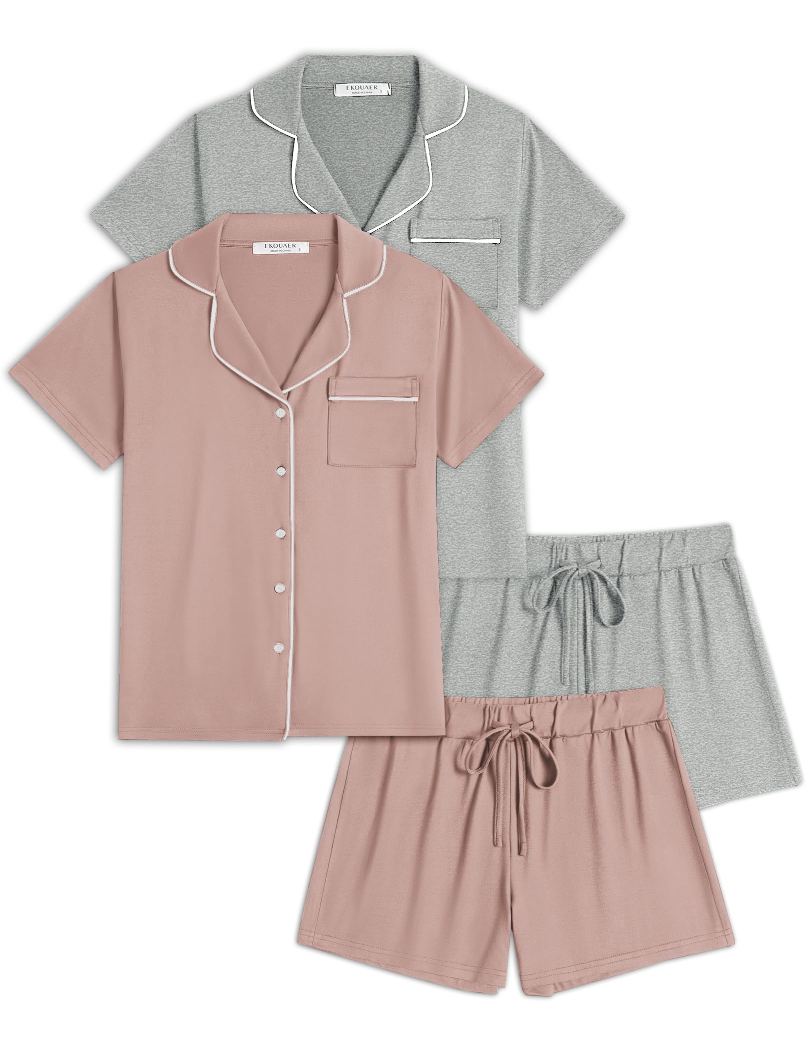 Ekouaer Womens Pajamas Set 2 Pack Button Down Summer Sleepwear Short Sleeve Comfy Pjs Loungewear Set