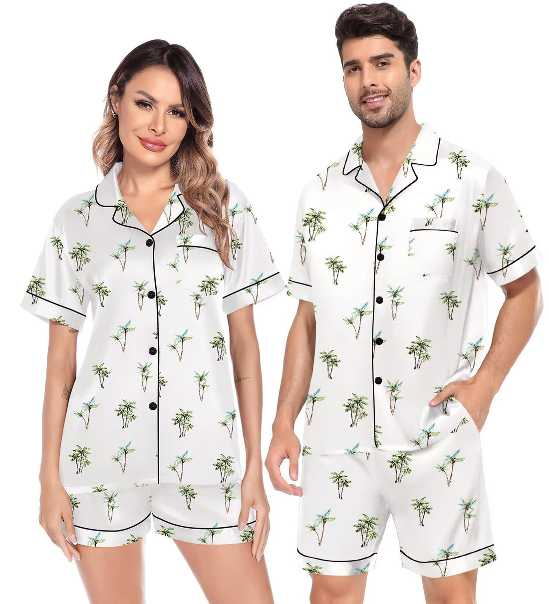 SWOMOG Satin Matching Pajamas Sets Couple Silk Button Down Nightwear Women & Men Short Sleeve Sleepwear 2 Pieces Loungewear