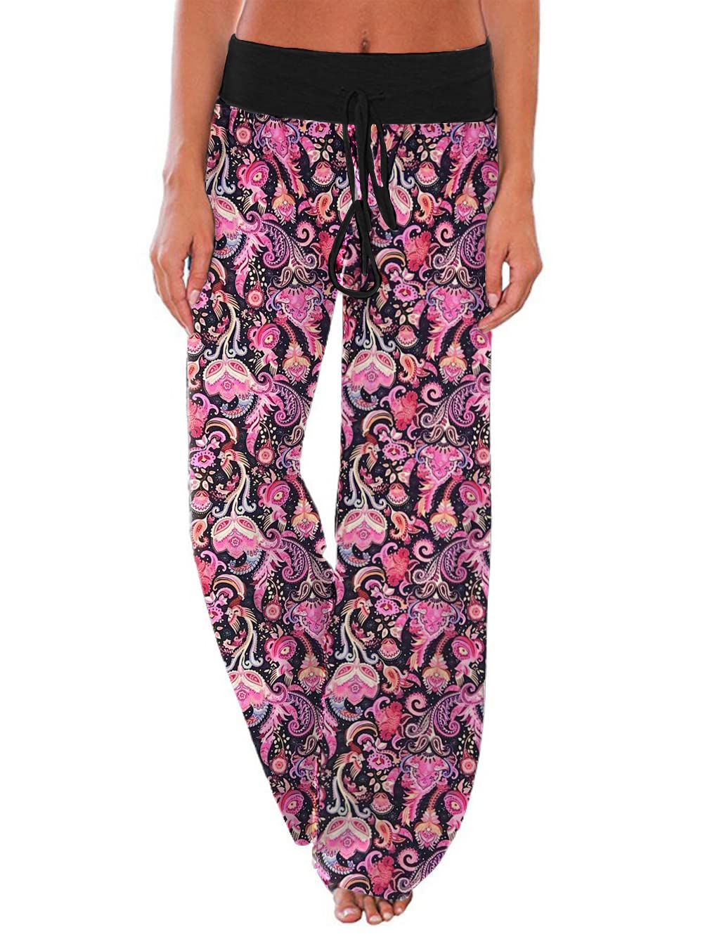 iChunhua Women's Comfy Stretch Floral Print Drawstring Palazzo Wide Leg Lounge Pant