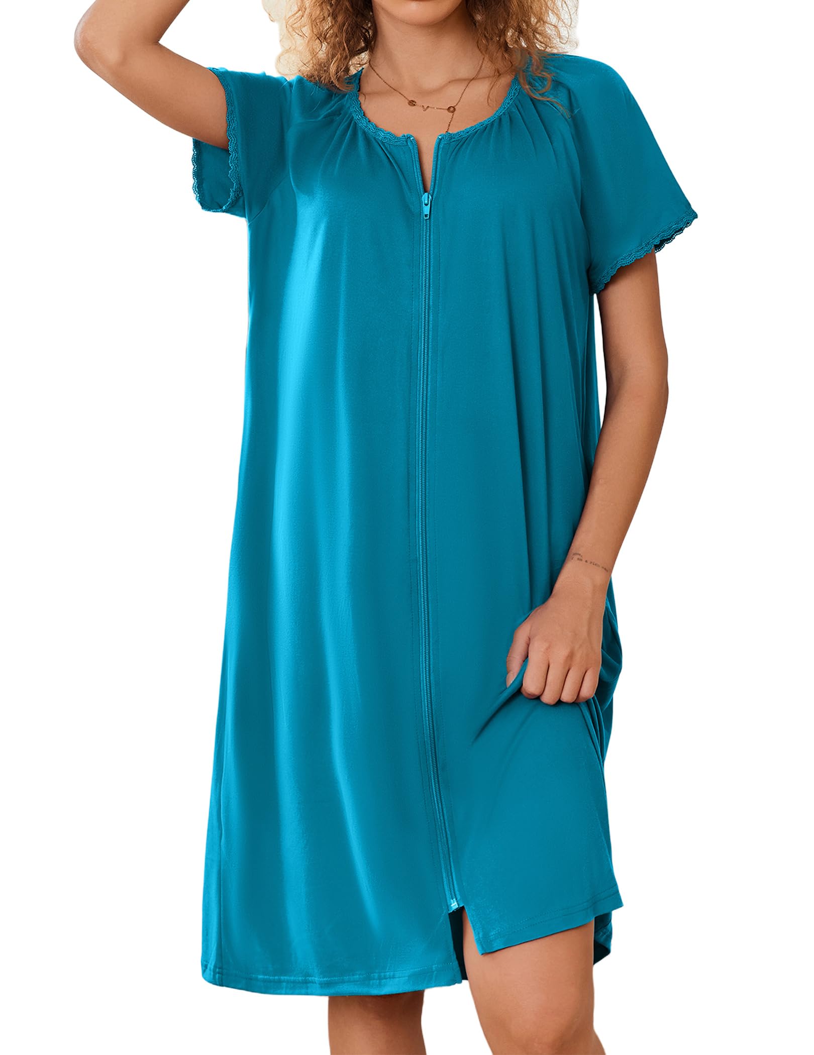Ekouaer Zipper Robes for Women Short Sleeves Knit Bathrobes Knee Length Soft Lace Trim Loungewear with Pockets S-3XL WEBE CLOTHING