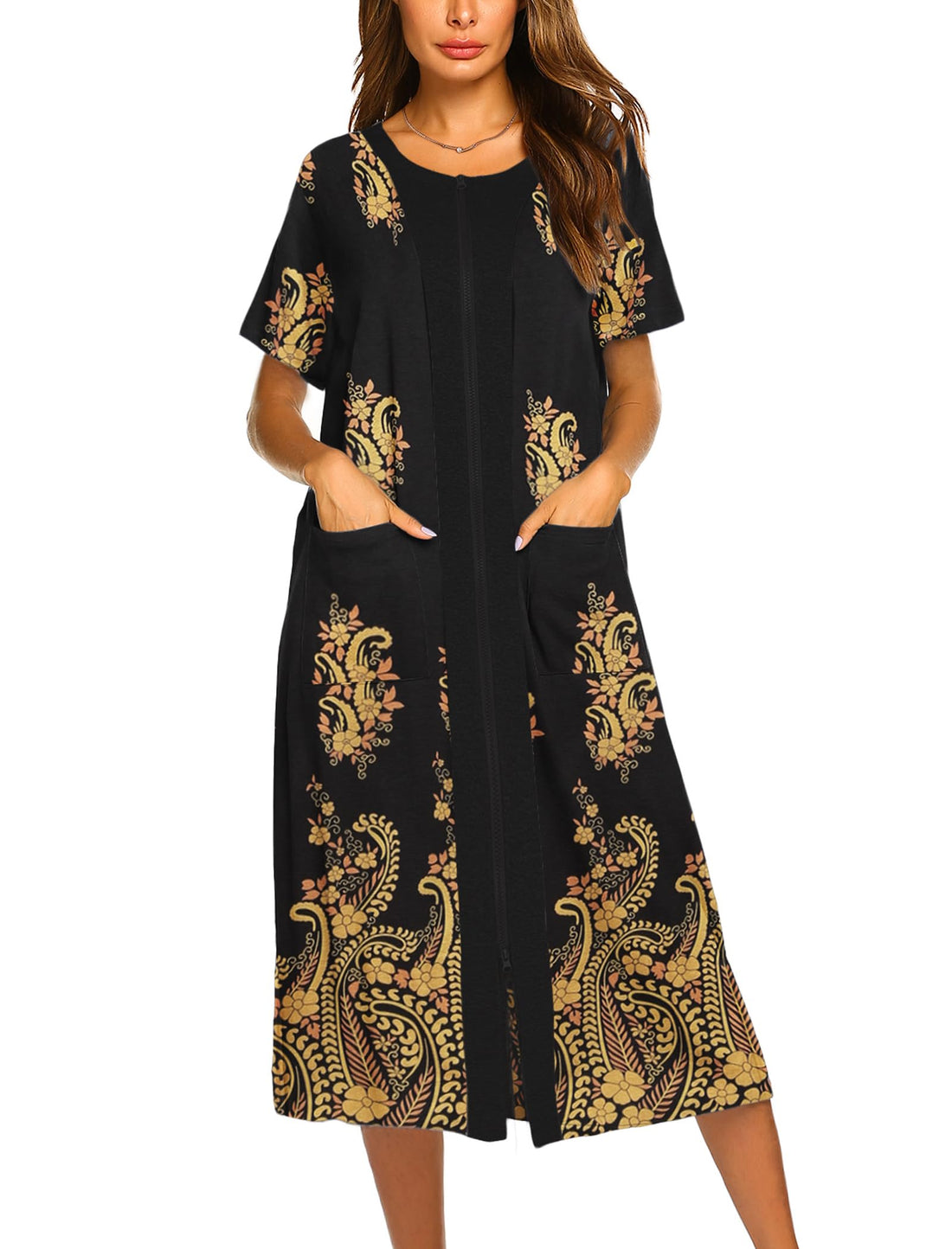 Ekouaer Robes For Women Zipper Bathrobe Short Sleeve Duster With Pockets | Zipper Front House Coat, Lightweight Sleepwear, Plus Size Loungewear, Ladies Nightgown for Mother, Postoperative Gown, Sleep