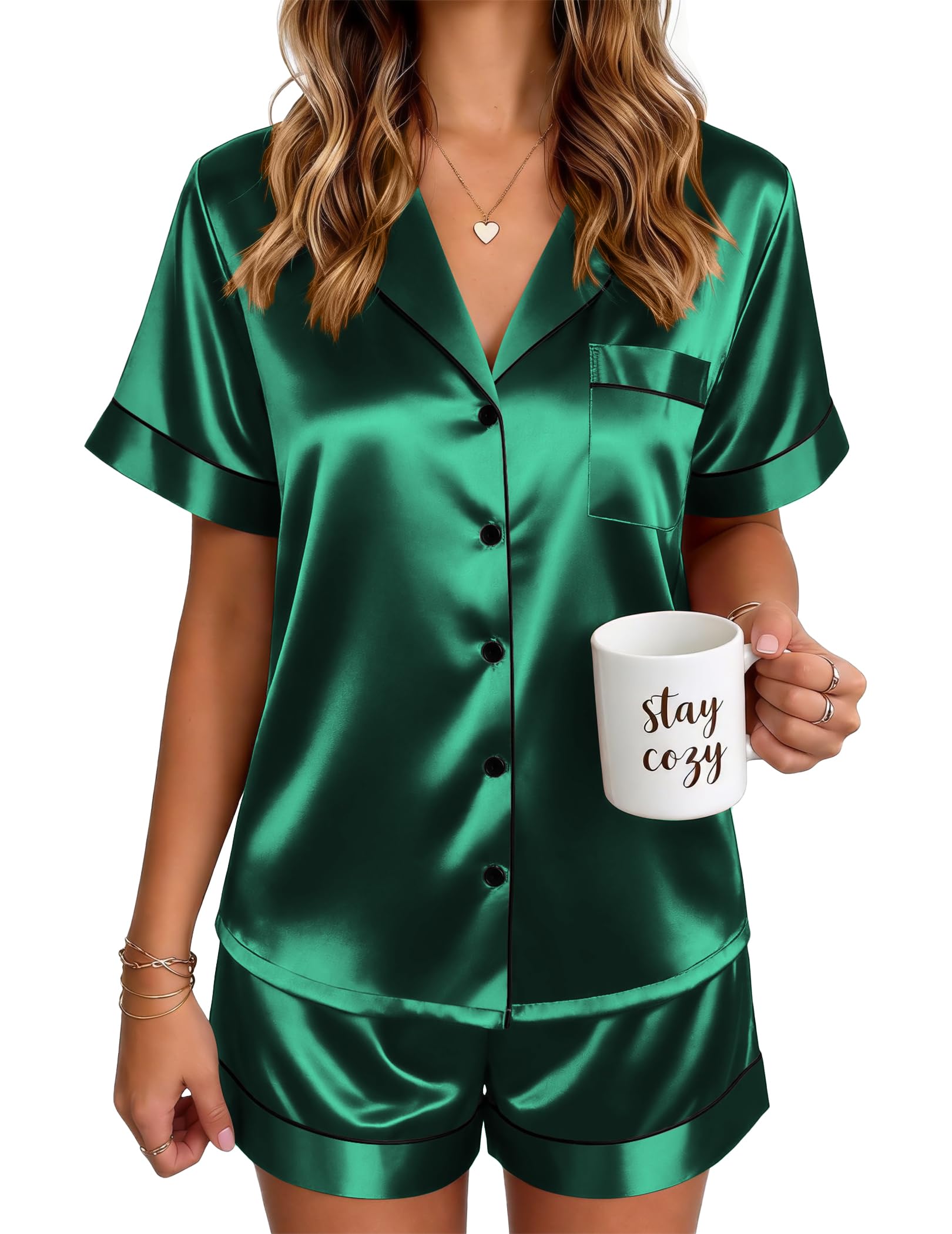 Ekouaer Satin Pajamas for Women Silk Pjs Short Set 2 Piece Button Up Lounge Sets Short Sleeve Sleepwear S-XXL