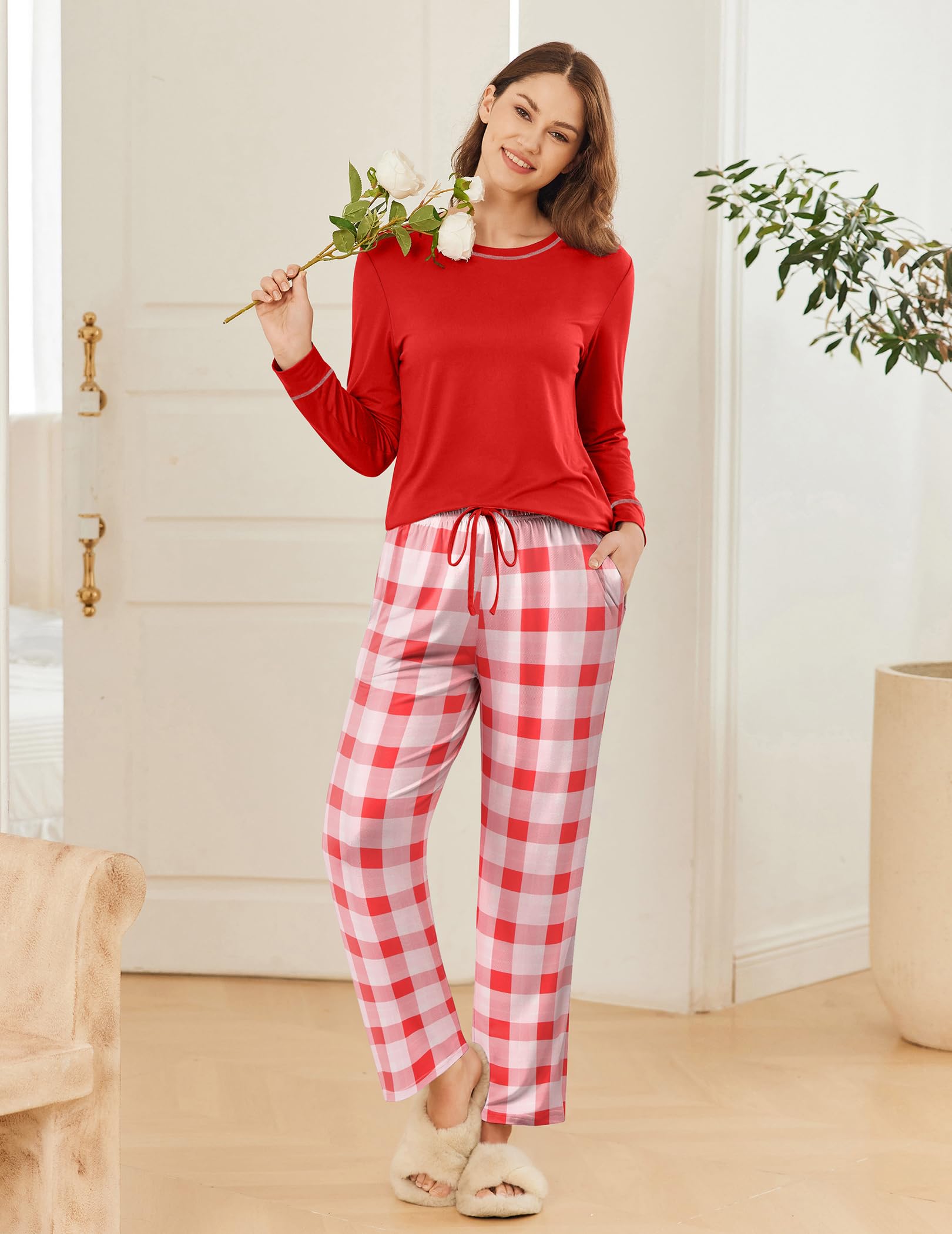 Ekouaer 2 Pack Women Pajama Long Sleeve Sleepwear Soft Loungewear Pjs Sets with Pockets S-XXL