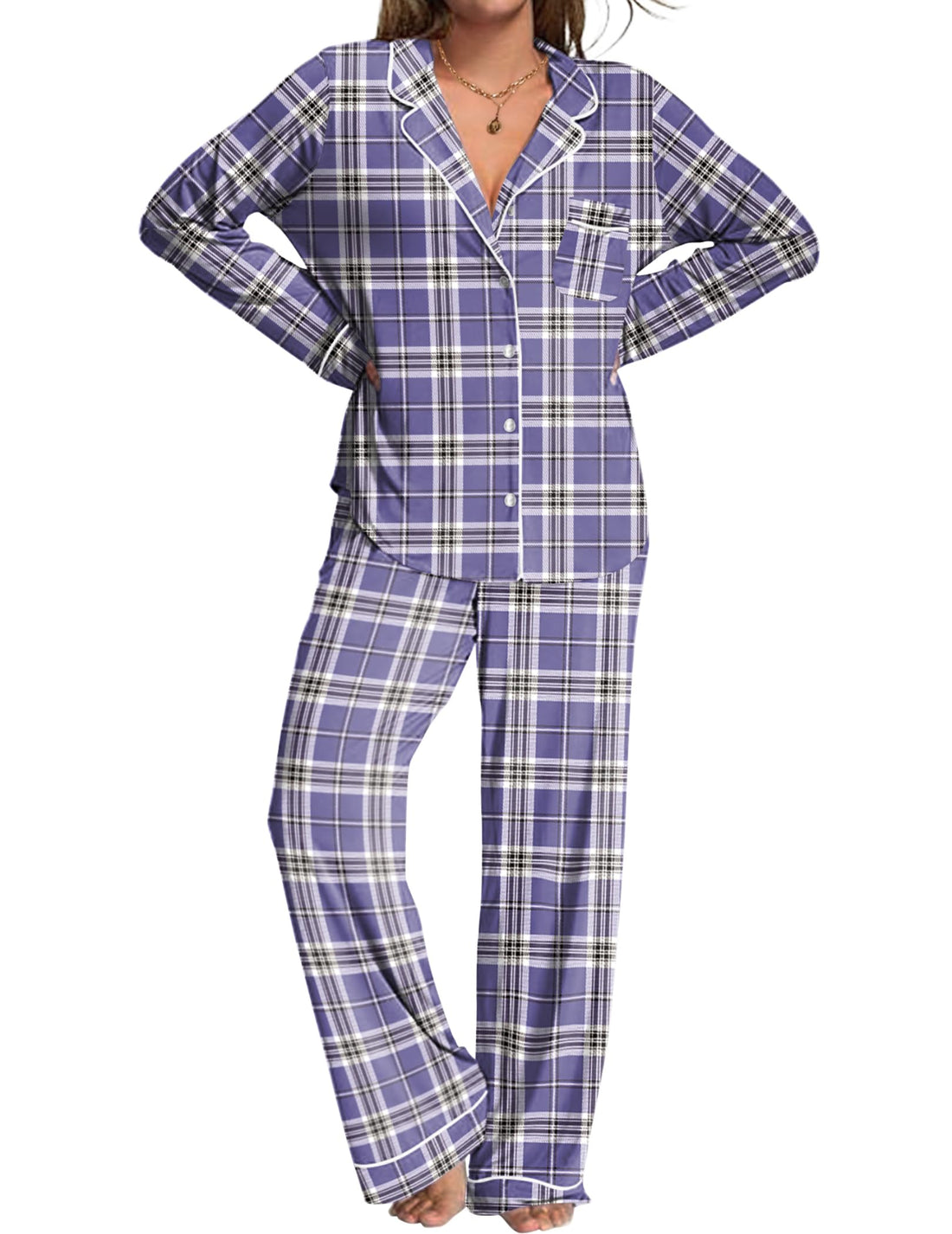 Ekouaer Womens Pajamas Set 2 Piece Button Down Pjs Soft Long Sleeve Top and Pants Sleepwear Set Lounge Sets
