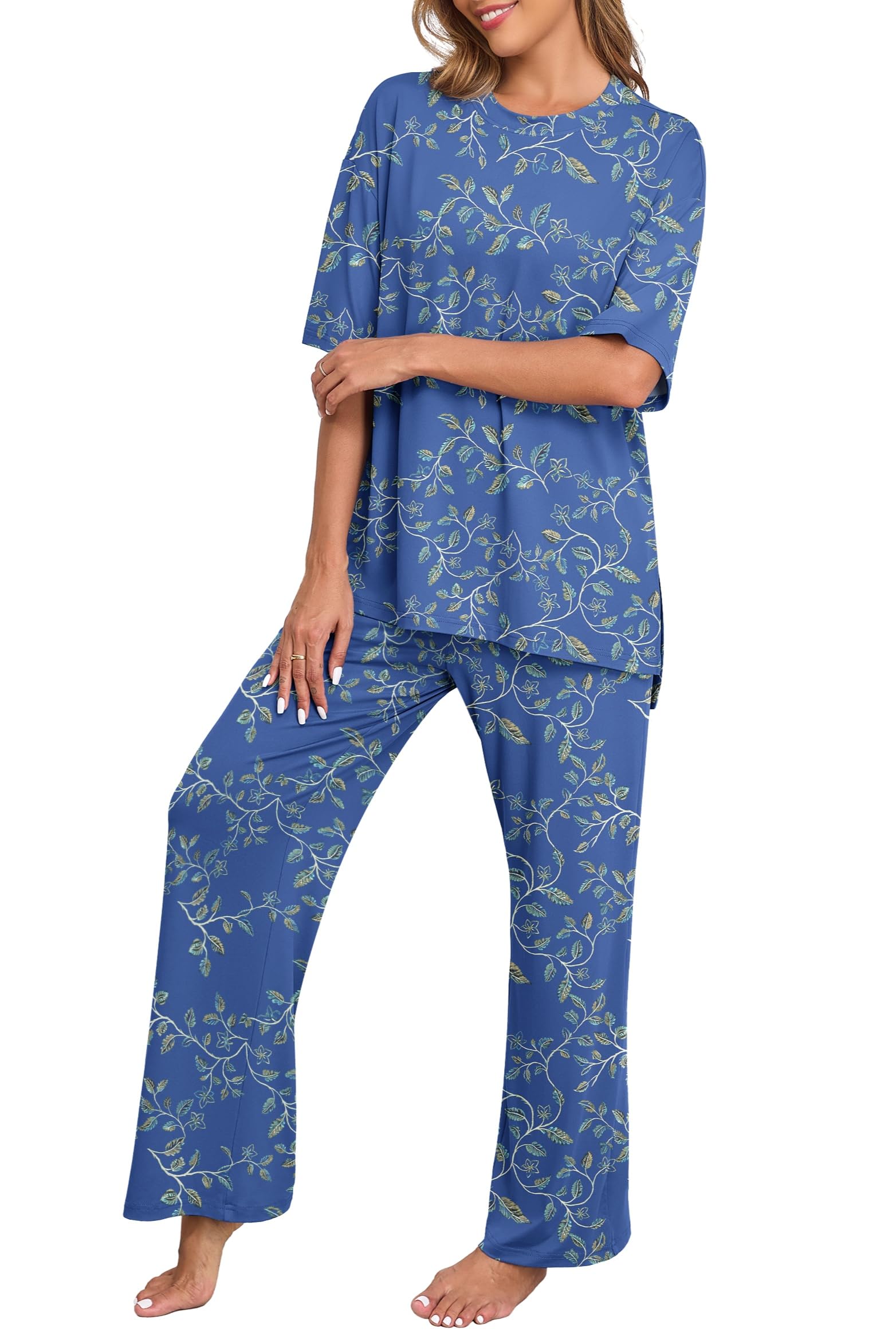 PrinStory Womens Pajamas Sets 2 Piece Lounge Set Short Sleeve Tops and Long Pants Soft Pjs Loungewear with Pockets