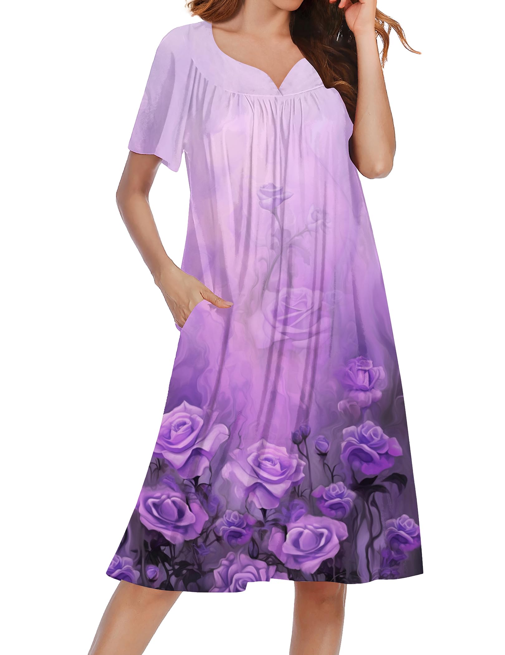 Ekouaer Nightgowns for Women House Dress Short Sleeve Moo Moo with Pockets | Pleated Mumu Dresses V Neck Sleepwear Short Sleeve Night Gowns Soft Sleep Shirts Plus Size Night Shirts Ladies Lounge Dress WEBE CLOTHING