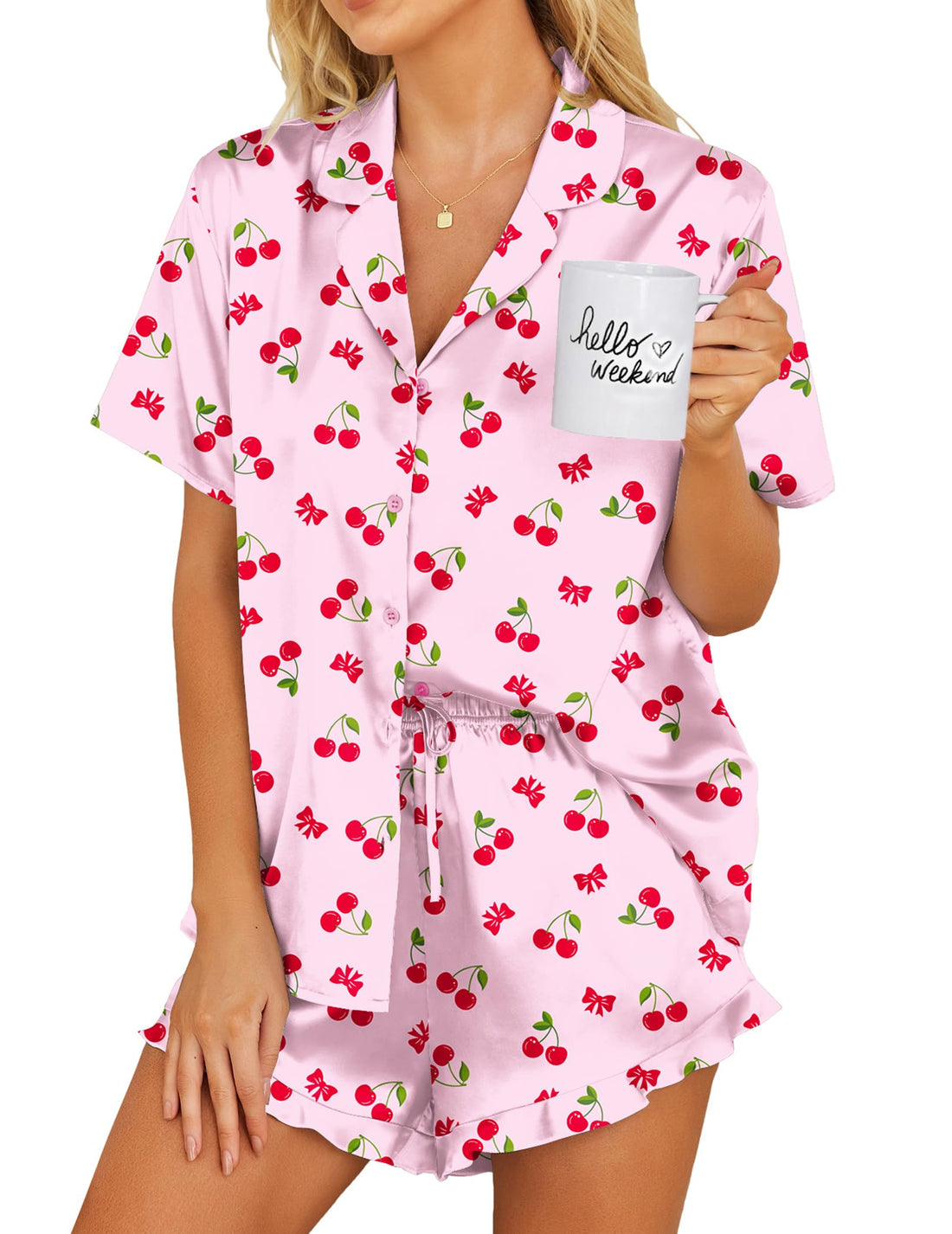Ekouaer Womens Satin Pajamas Set Button Down 2 Piece Silk Pjs Shorts Set Ruffle Lingerie Notch Collar Sleepwear
