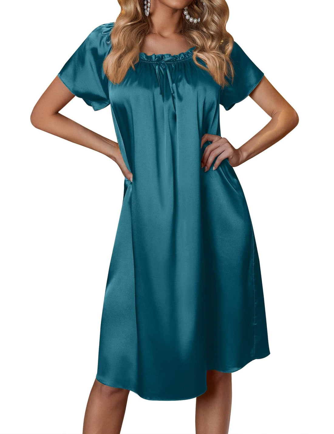 Ekouaer Women's Satin Silk Pleated Nightgown Loose Sleepwear Printed Nightshirt Short Sleeve Sleep Dress WEBE CLOTHING