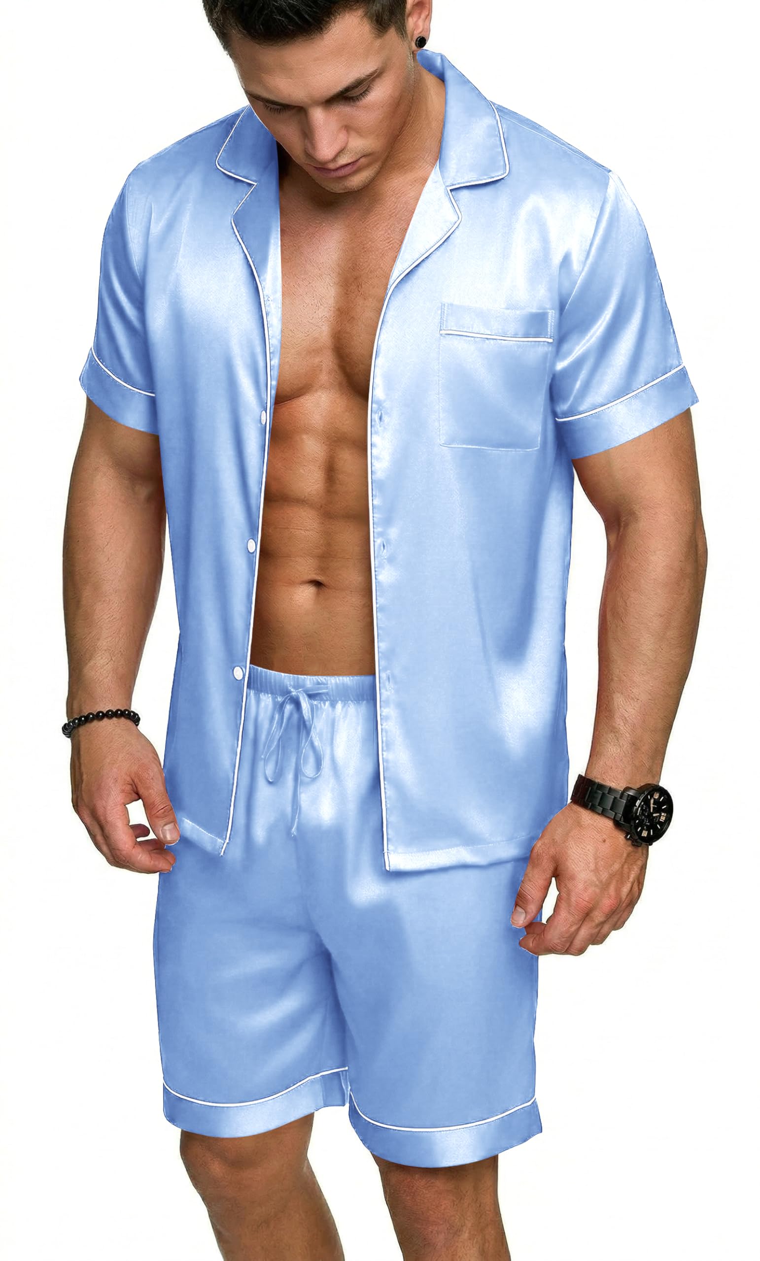 Ekouaer Mens Silk Satin Pajamas Set, Short Sleeve Sleepwear Lightweight Button Up Lounge Pjs Set with Pockets S-4XL WEBE CLOTHING