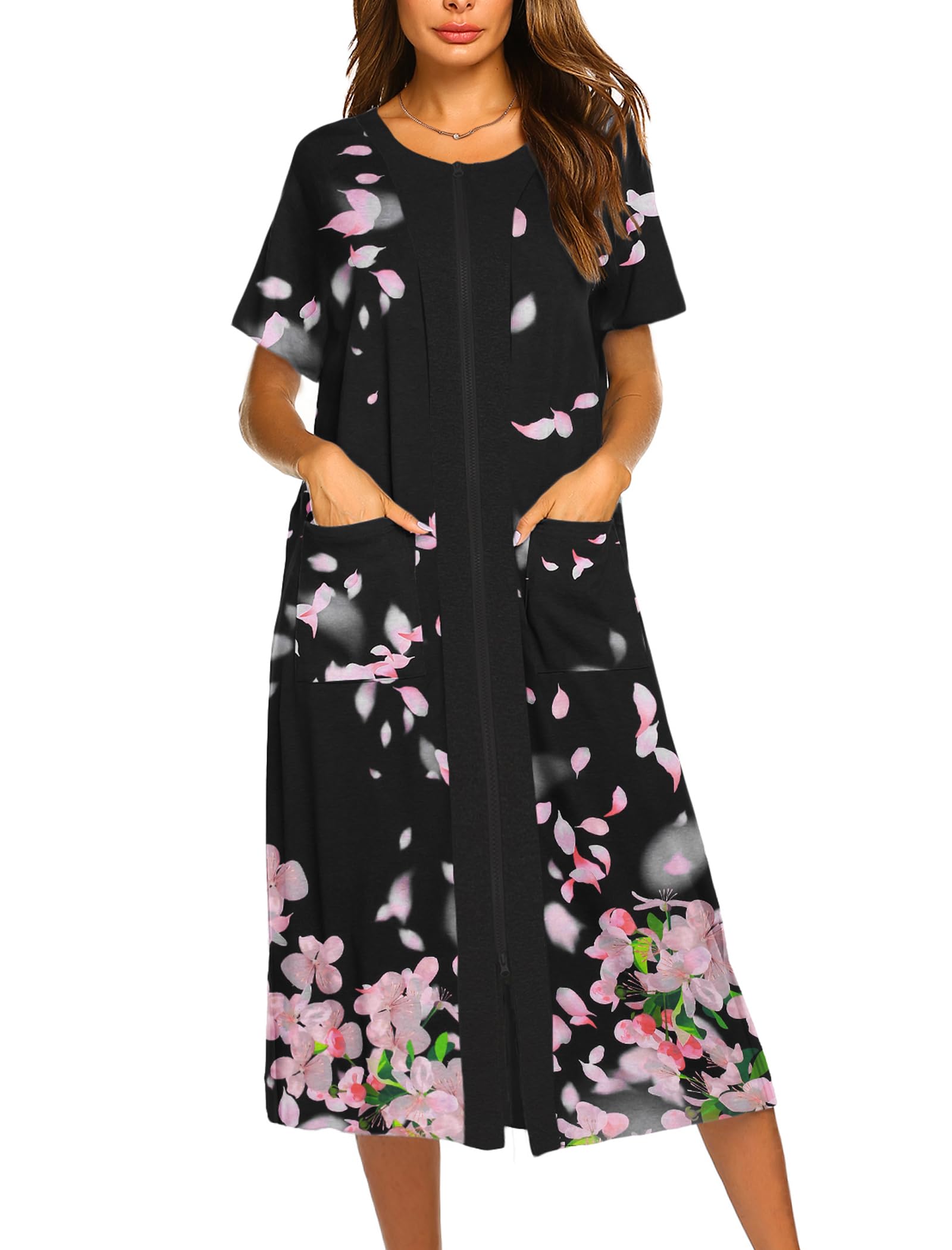 Ekouaer Robes For Women Zipper Bathrobe Short Sleeve Duster With Pockets | Zipper Front House Coat, Lightweight Sleepwear, Plus Size Loungewear, Ladies Nightgown for Mother, Postoperative Gown, Sleep