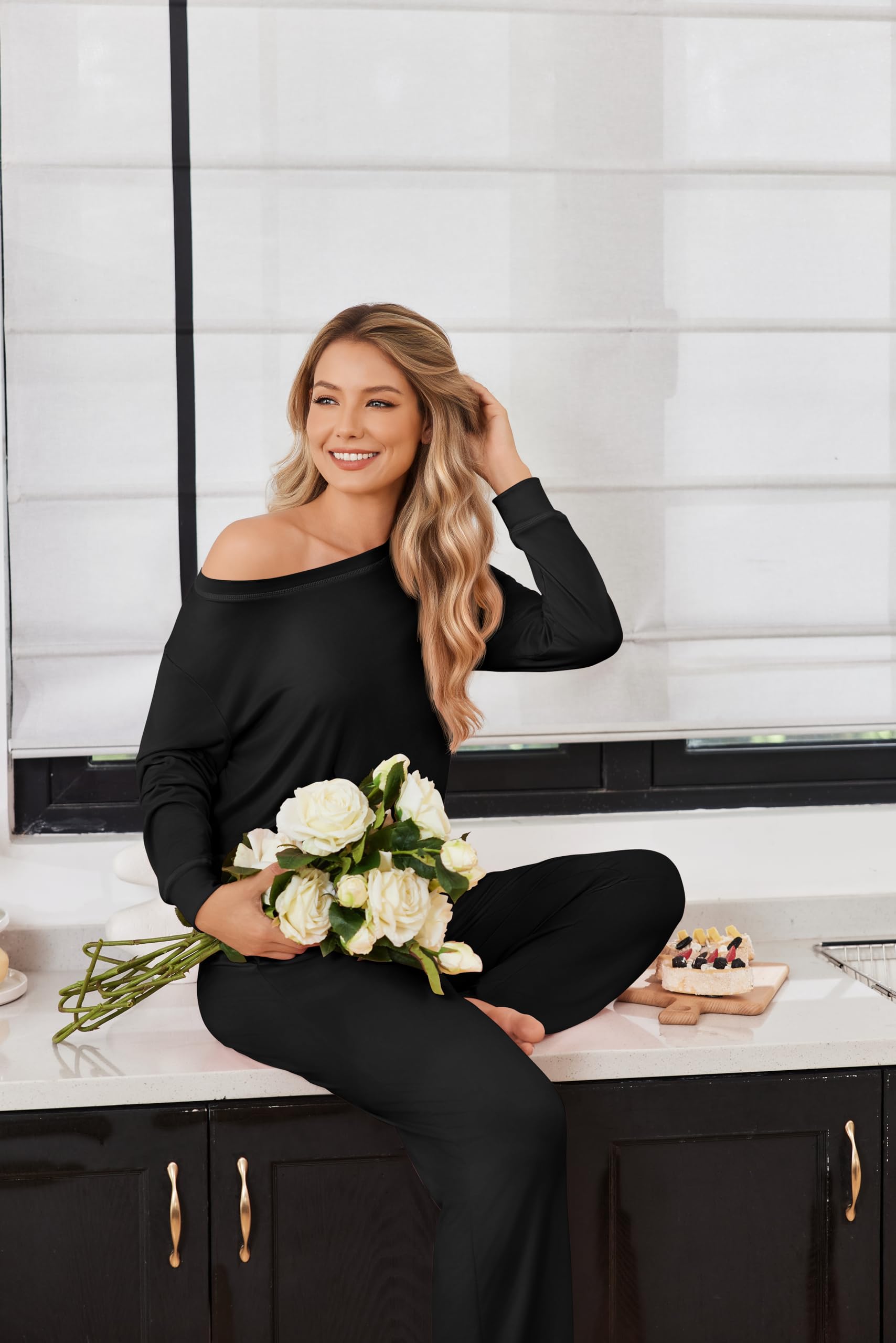 Ekouaer 2 Pack Women Pajama Long Sleeve Sleepwear Soft Loungewear Pjs Sets with Pockets S-XXL