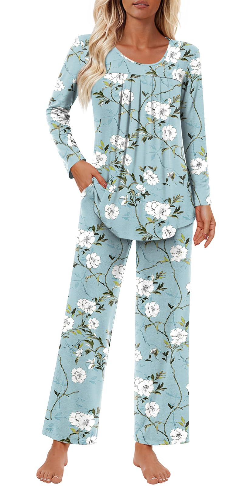Findsweet Women's Pajama Set 2 Piece Lounge Outfits Soft Sleepwear Fall Long Sleeve Long Pant With Pockets Ladies Pjs S-3XL