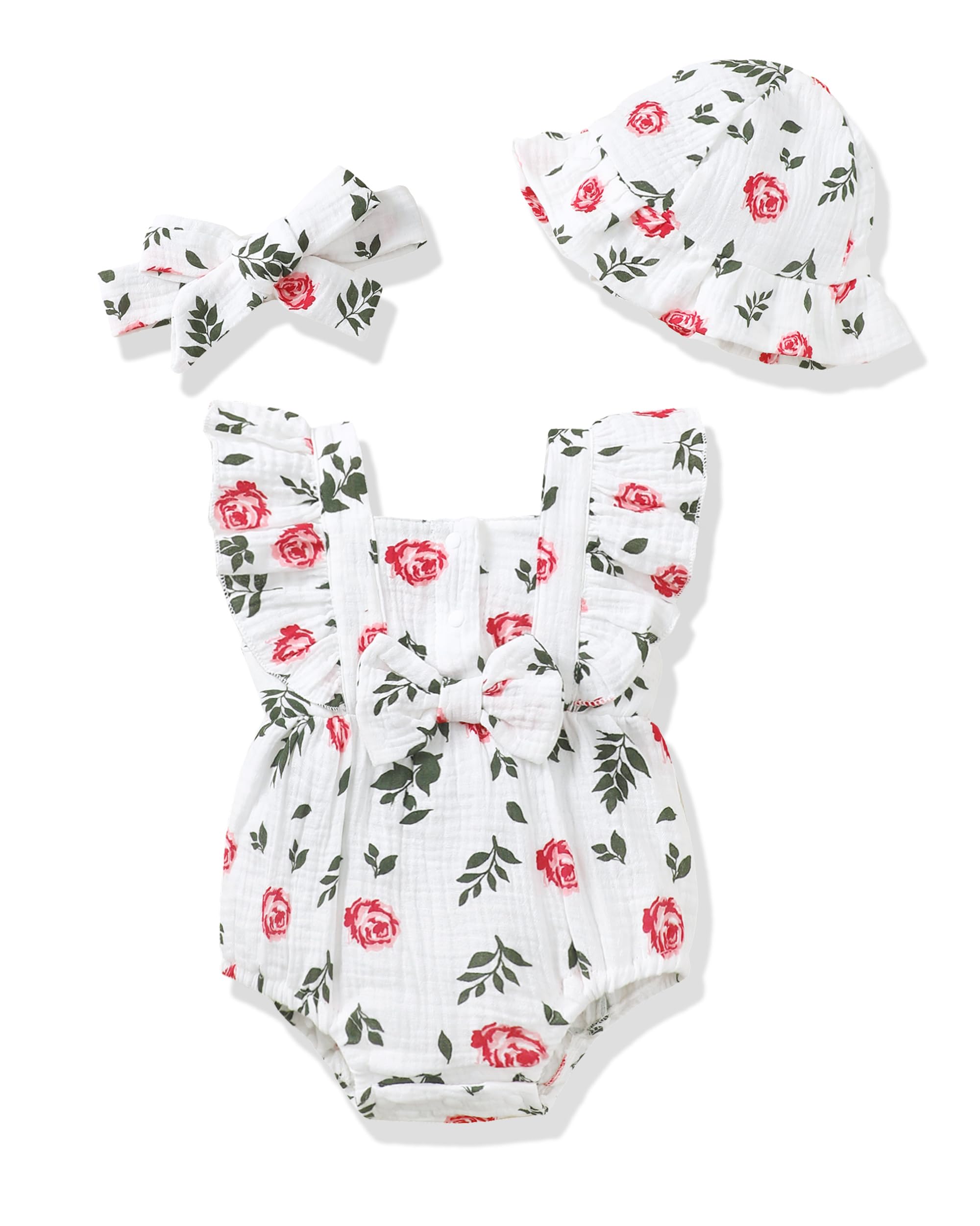 Renotemy Baby Girl Clothes Infant Summer Romper Cotton Linen Newborn Essentials Photography Preemie Outfits with Hat&Headband WEBE CLOTHING