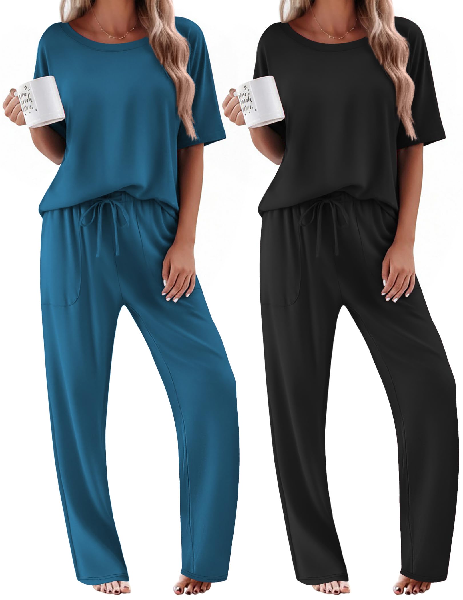 Ekouaer 2 Pack Womens Pajama Sets Short Sleeve Tops and Long Pants Casual Comfy Pjs Lounge Set with Pockets,S-XXL