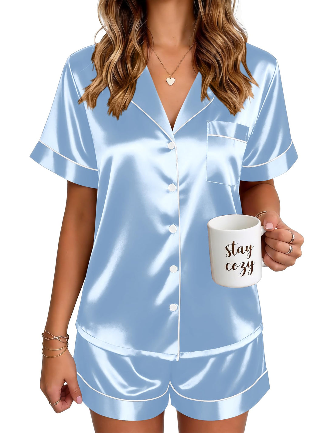 Ekouaer Satin Pajamas for Women Silk Pjs Short Set 2 Piece Button Up Lounge Sets Short Sleeve Sleepwear S-XXL
