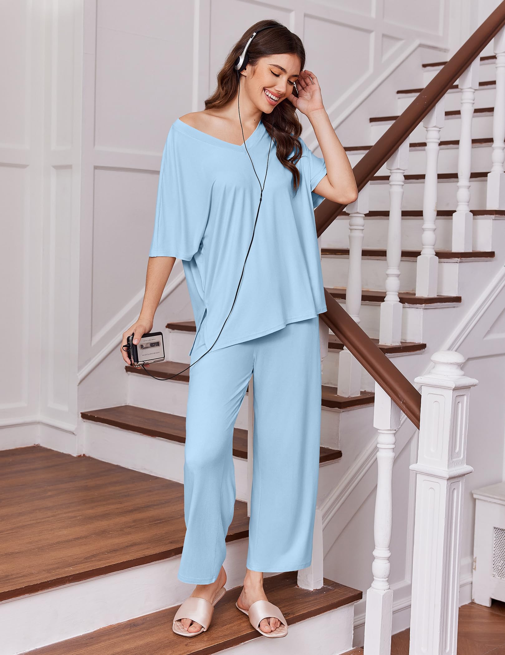 Ekouaer 2 Packs Lounge Sets for Women Short Sleeve Pajamas Set V Neck Top and Long Pants Comfy Pjs Outifts with Pockets