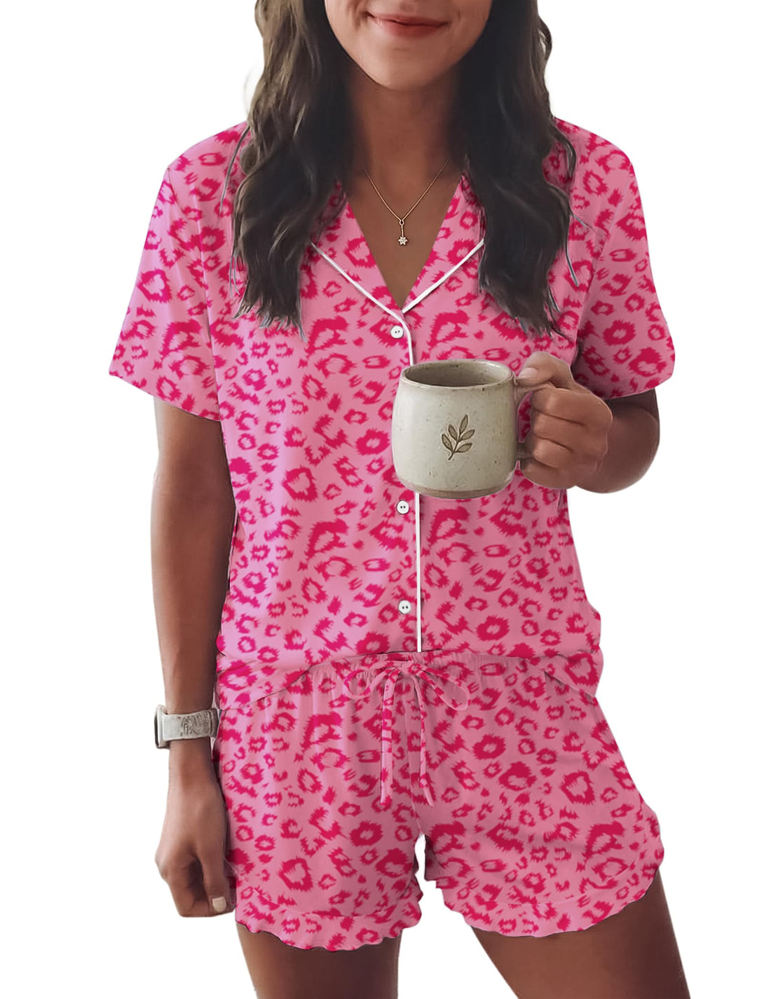 Ekouaer Womens Pajama Sets Button Down Short Sleeve Top and Shorts Cute Ruffled Pjs Sets Sleepwear