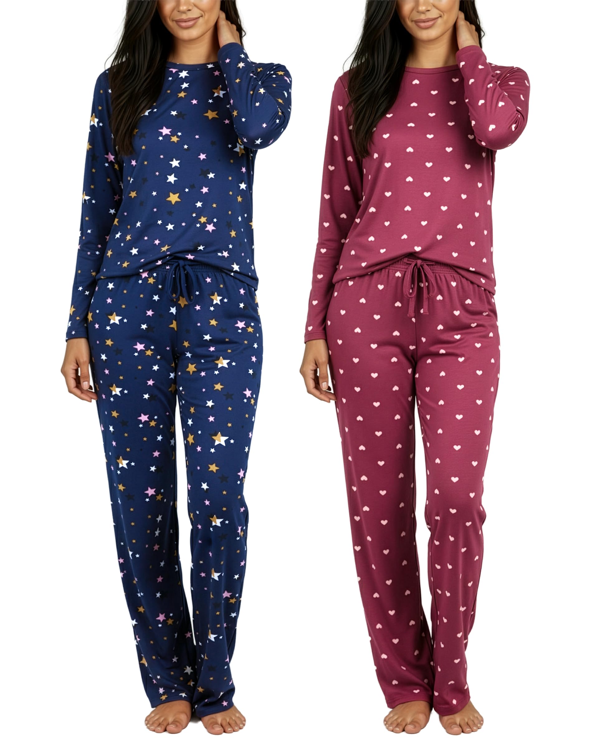 Real Essentials 2 Pack: Women's Long Sleeve Pajama Sets - Soft Comfy 2 Piece PJ Set Matching Ladies Sleepwear (Plus Size)