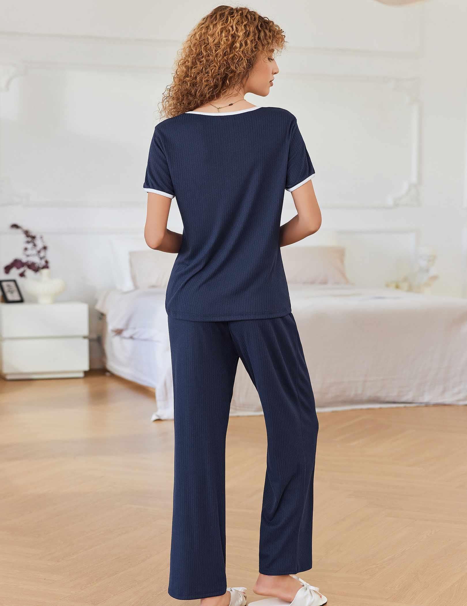 Ekouaer Women Lounge Pajamas Sets Ribbed Knit PJ Short Sleeve and Long Pajama Pant Soft 2 Piece Sleepwear Loungwear Set