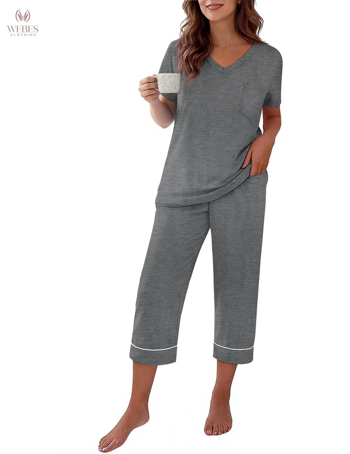 Ekouaer Cotton Pajamas for Women Set Short Sleeve Top and Capri Pants | 2 Pieces Lounge Set with Pockets V Neck Comfy Soft Sleepwear for Mom, Wife, Grandmother WEBE CLOTHING