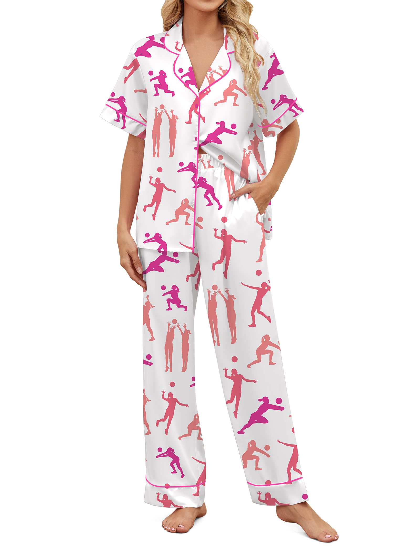 SHESHOW Satin Pajamas for Women Set Button Down Sleepwear Print Pjs Set 2 Piece Short Sleeve Long Loungewear Size XS-XXL WEBE CLOTHING
