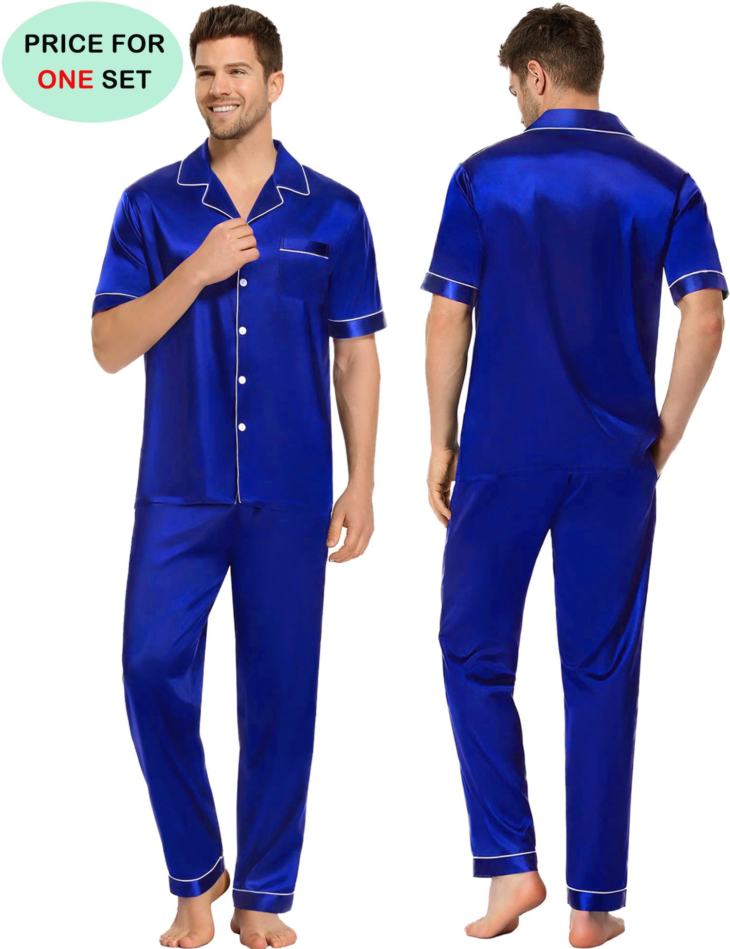 SWOMOG Couples Pajamas Sets Women & Men Satin Short Sleeve Sleepwear Button Down Loungewear Pjs Set with Long Pants