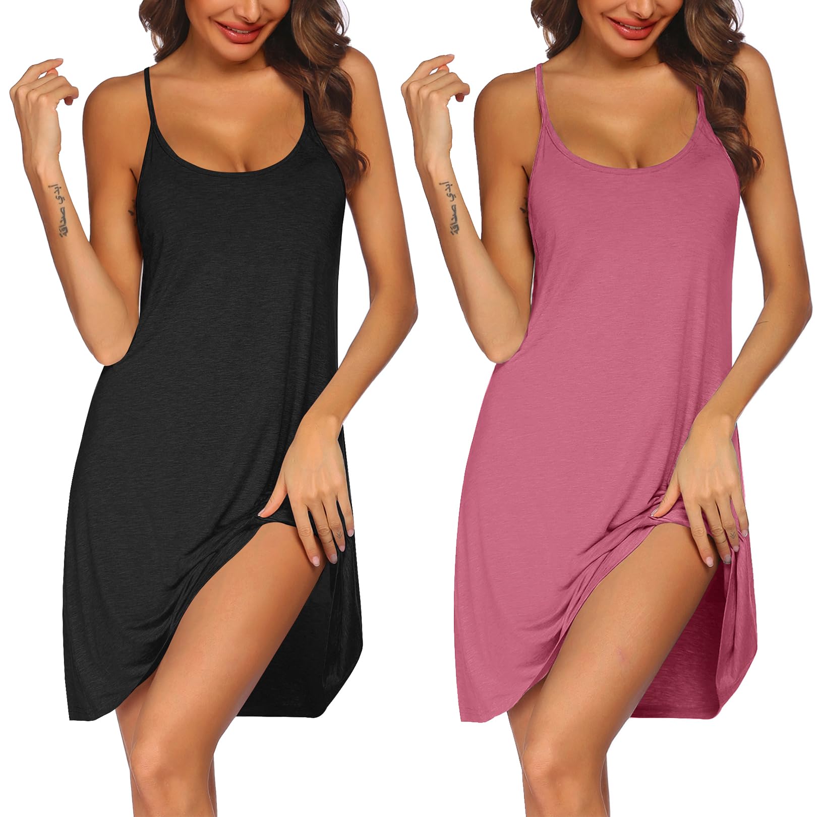 Ekouaer 2 Pack Nightgown for Womens Sleeveless Sleepwear Sleep Tank Chemise | Racerback Sleep Dress Sexy Nighties Ladies Night Dress Soft Pajama Dress Cami Nightgown with Adjustable Spaghetti Straps WEBE CLOTHING