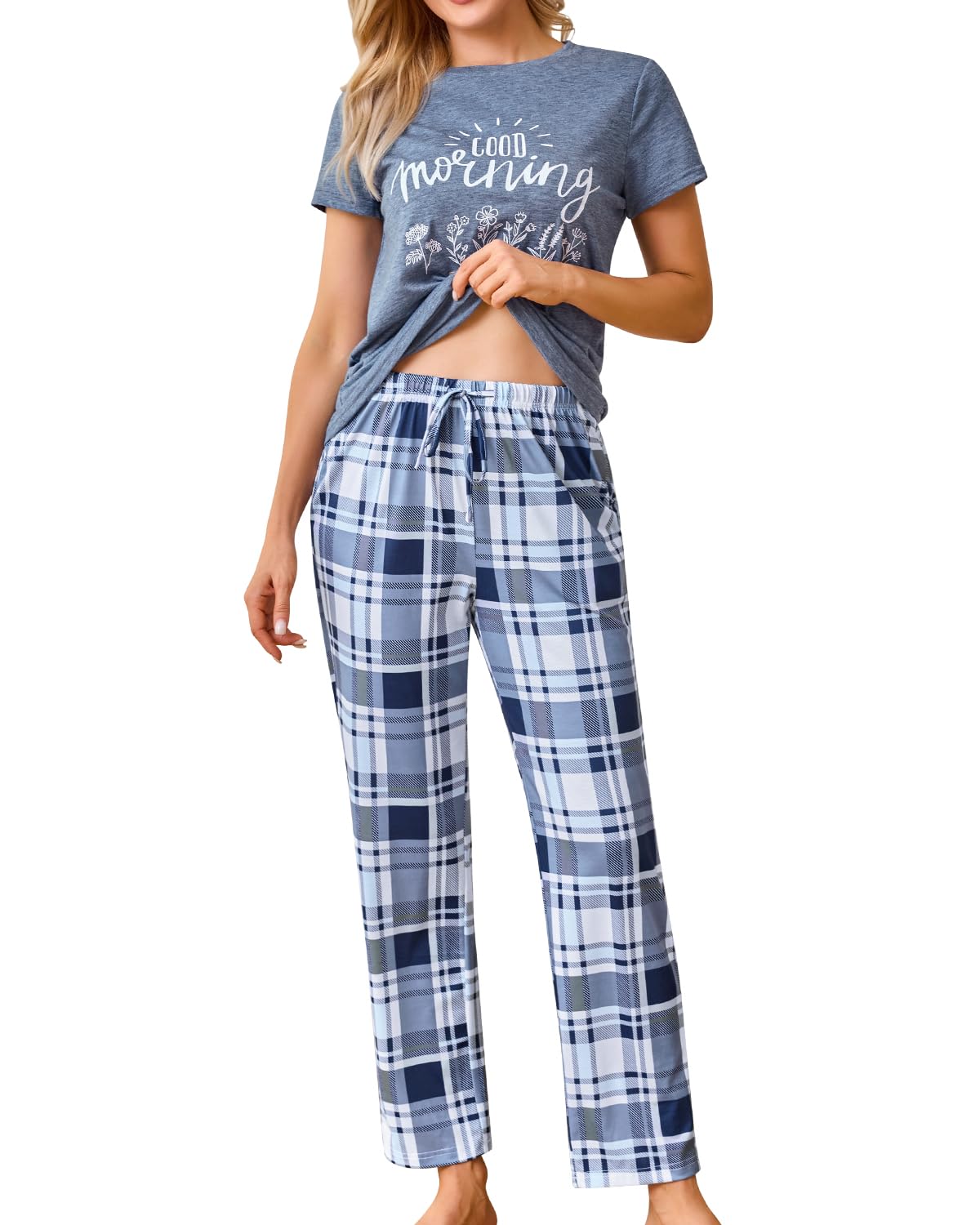 difficort Womens Pajama Sets Short Sleeve Pjs Tops with Long Pants Sleepwear Lounge Set with Pocket WEBE CLOTHING
