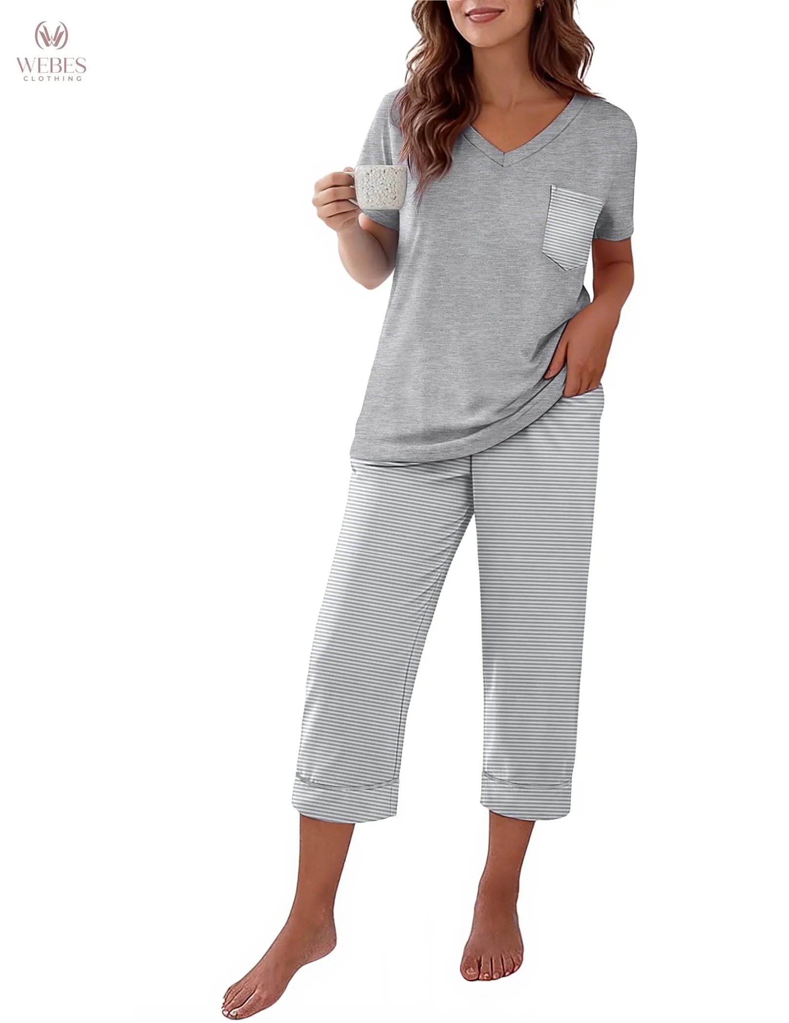 Ekouaer Cotton Pajamas for Women Set Short Sleeve Top and Capri Pants | 2 Pieces Lounge Set with Pockets V Neck Comfy Soft Sleepwear for Mom, Wife, Grandmother WEBE CLOTHING