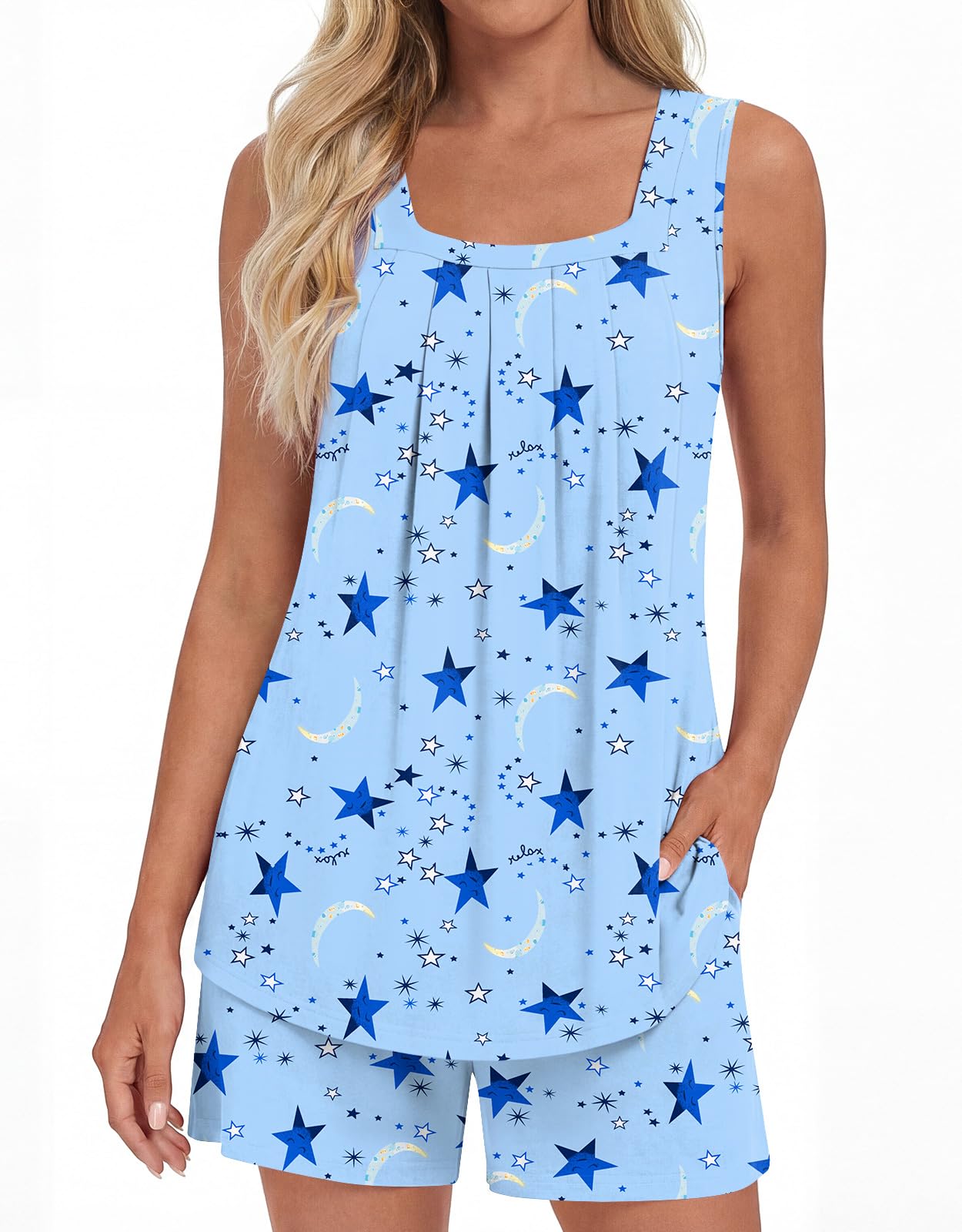 LONGYUAN Womens Sleeveless Pajama Set Soft Summer Lounge Shorts Tank Top Sleepwear with Pockets 2 Piece Set M-3XL