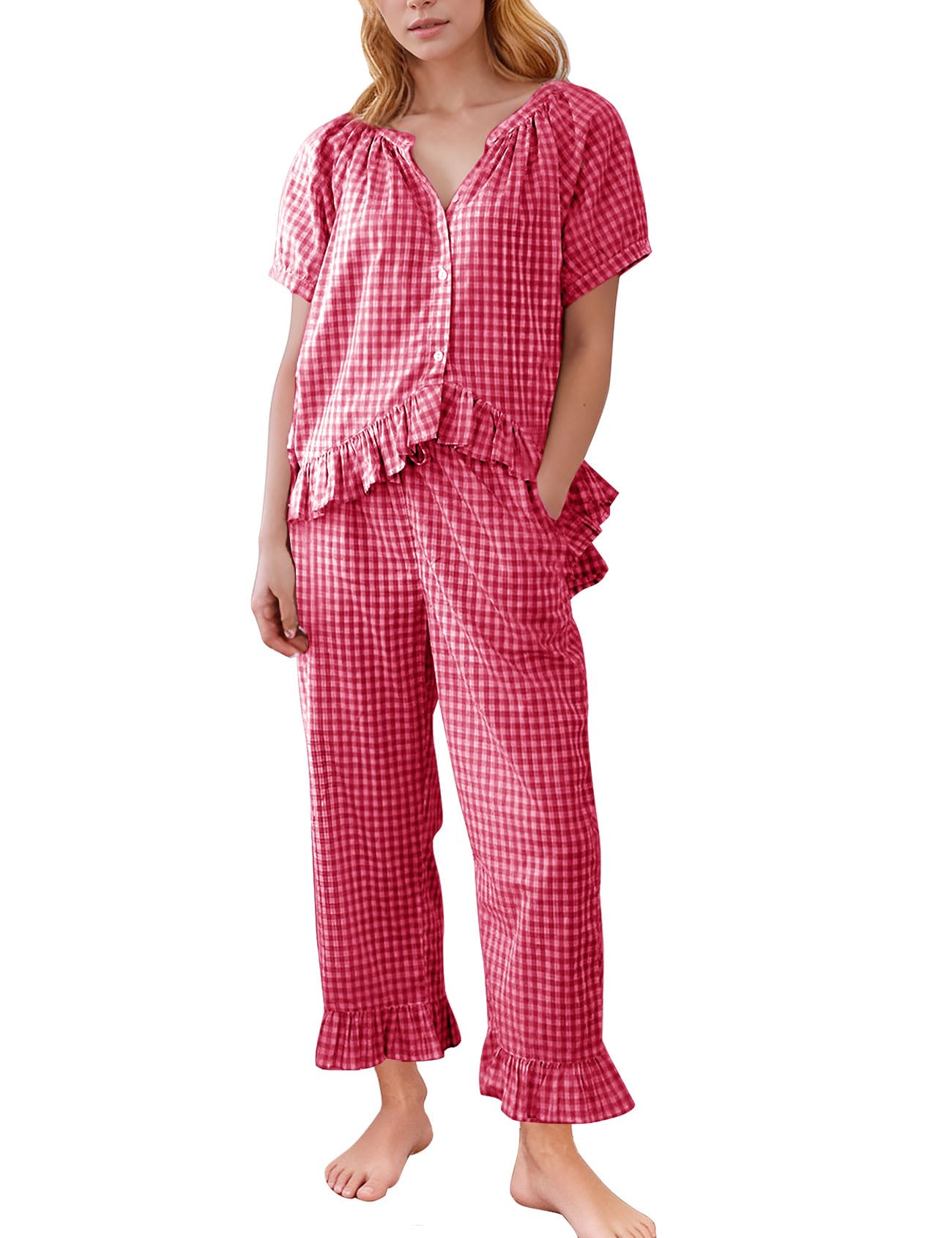 Flygo Womens Plaid 2 Piece Pajamas Sets Gingham Button Down Puff Sleeve Babydoll Shirt Ruffle Pants Y2K Pjs Lounge Set WEBE CLOTHING