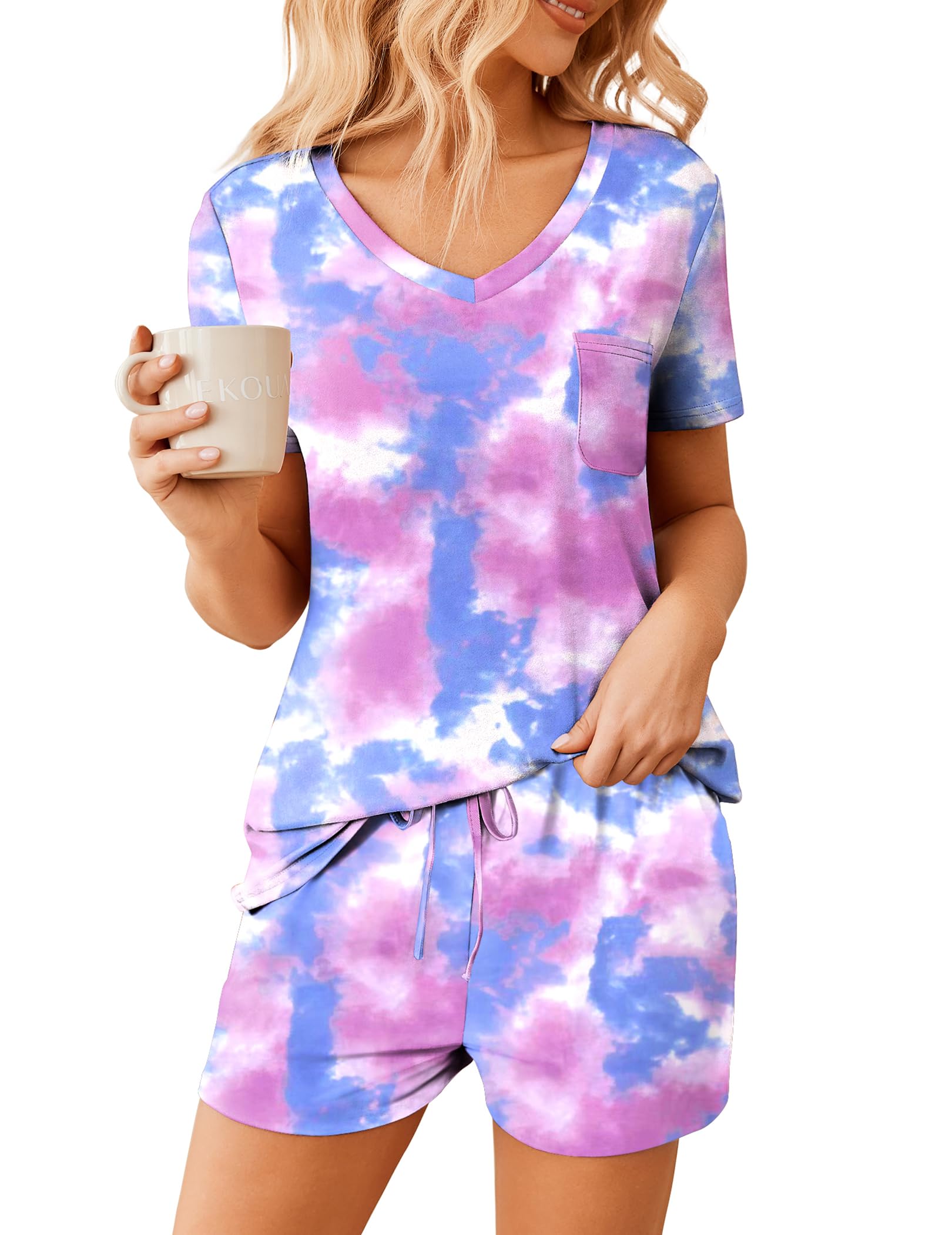 Ekouaer Womens Pajama Sets Short Sleeve Pajamas for Women Sets Soft Lounge Sets Casual V Neck Sleepwear PJS