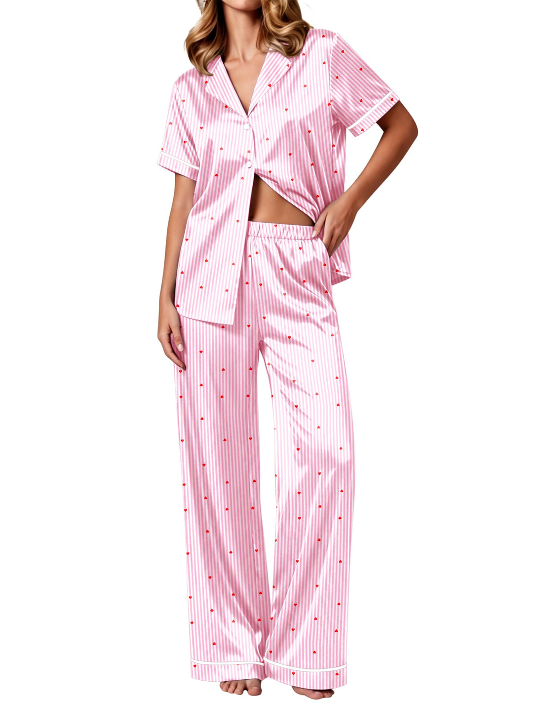 Ekouaer Women's Silk Pajamas Set Short Sleeve Satin Pjs 2 Piece Soft Loungewear with Pants Button Down Sleepwear