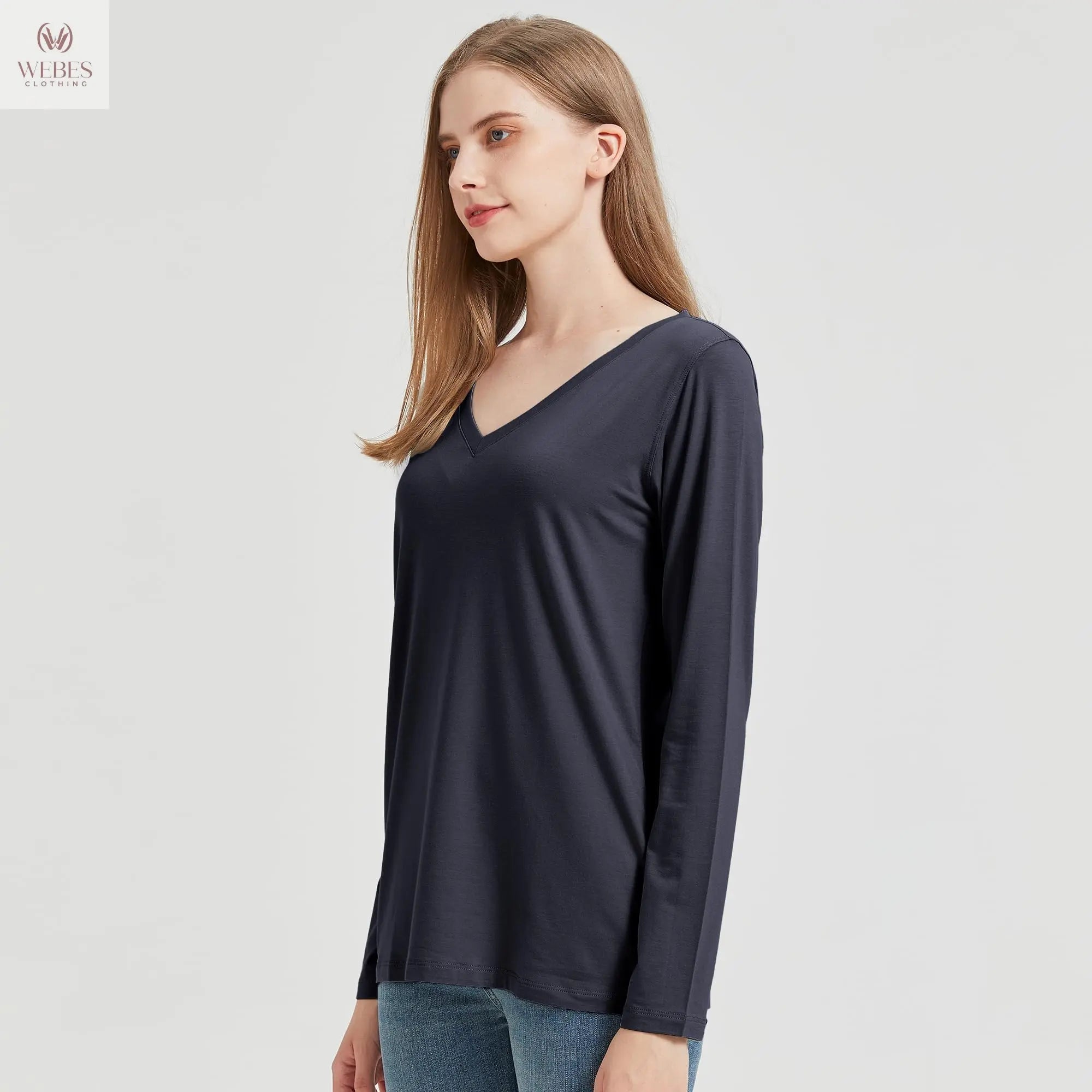 netdraw Women's Bamboo Viscose Long Sleeve V-Neck T-Shirt Soft Comfy Trendy Casual Sleep Pajama Lounge Tops